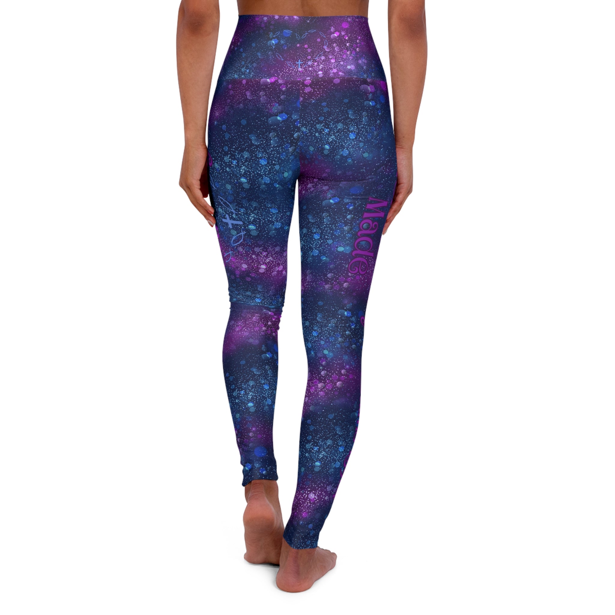 Galaxy High-Waist Christian Leggings — Purple Blue Starry Print Fearfully Wonderfully Made (Psalms 139:14)