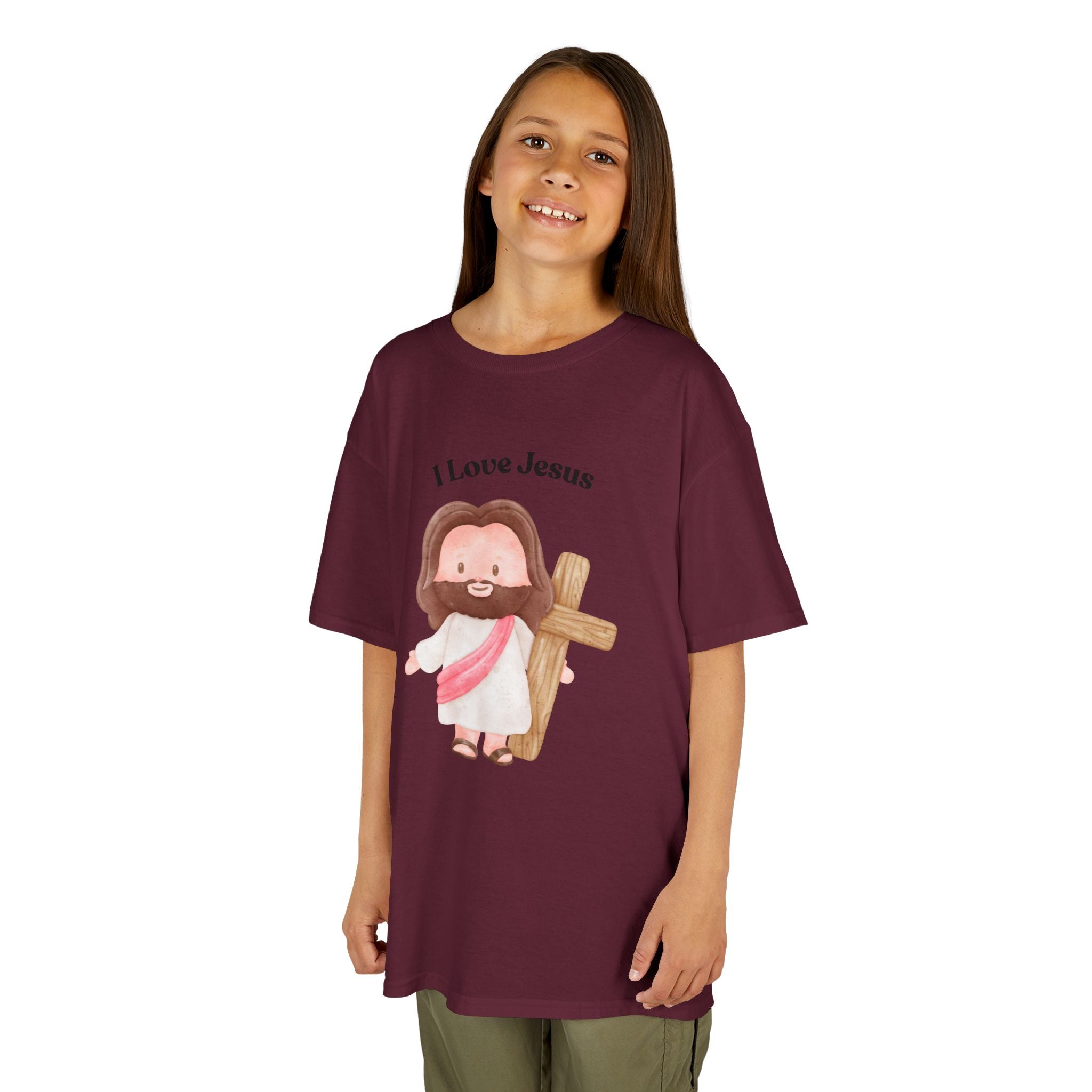 Kids T-Shirt — Cute "I Love Jesus" Cartoon Jesus Holding Cross — Christian Easter Gift for Children