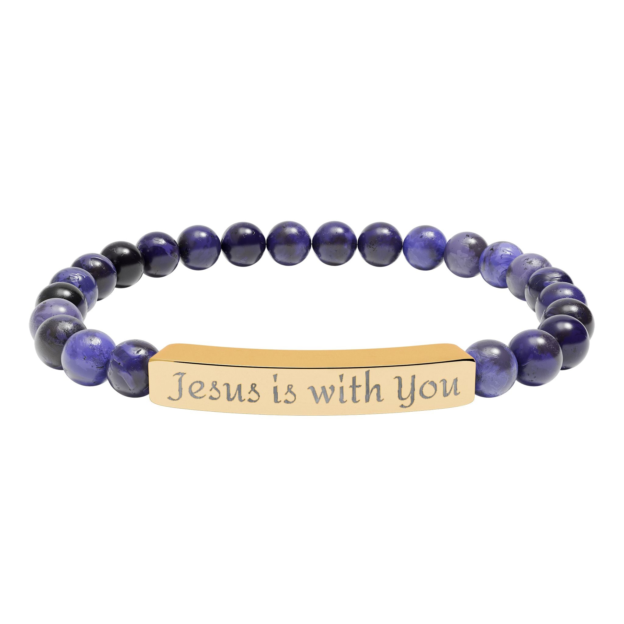 Engraved 'Jesus Is With You' Natural Stone Stretch Bracelet