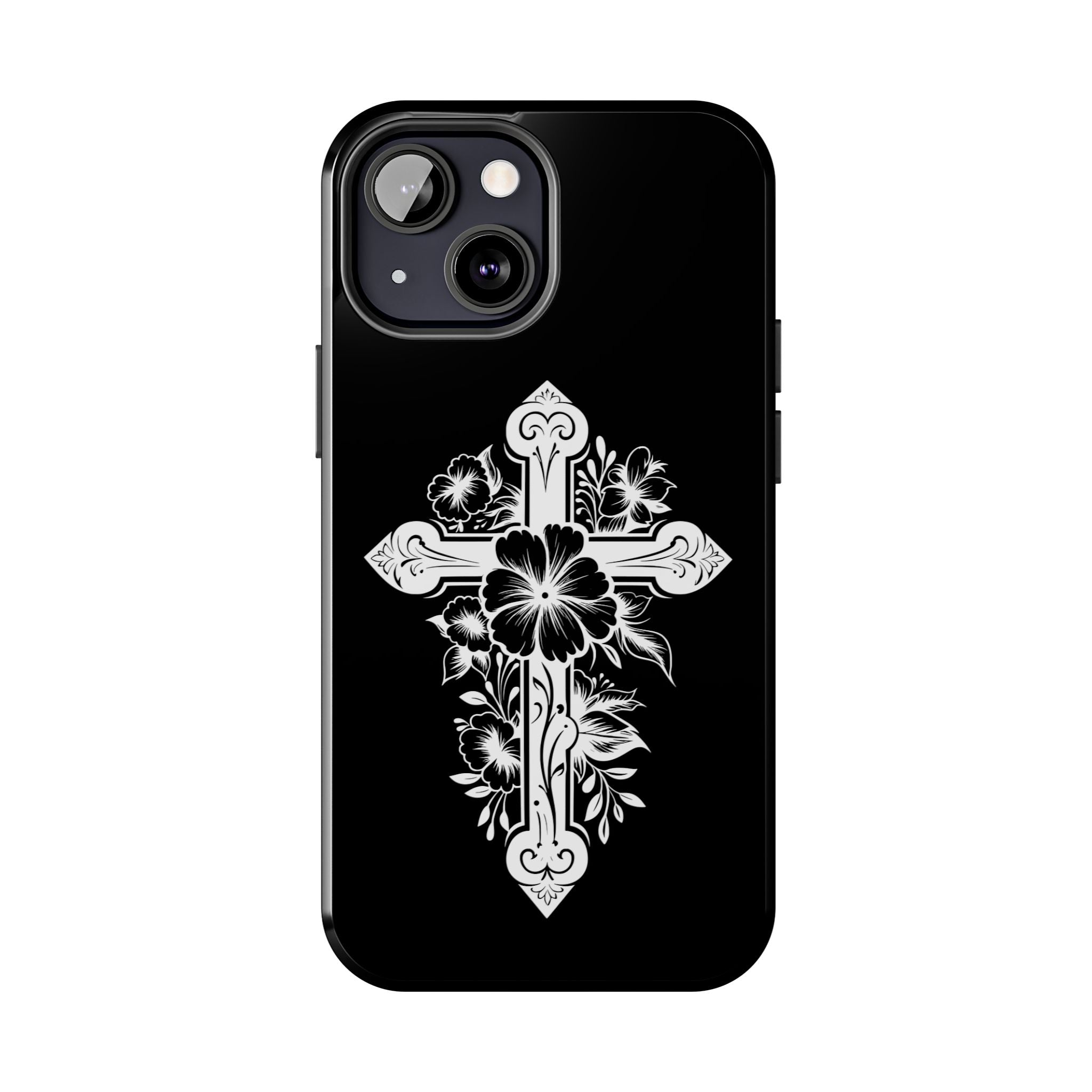 Floral Cross Tough Phone Case — Black Protective Christian Phone Cover