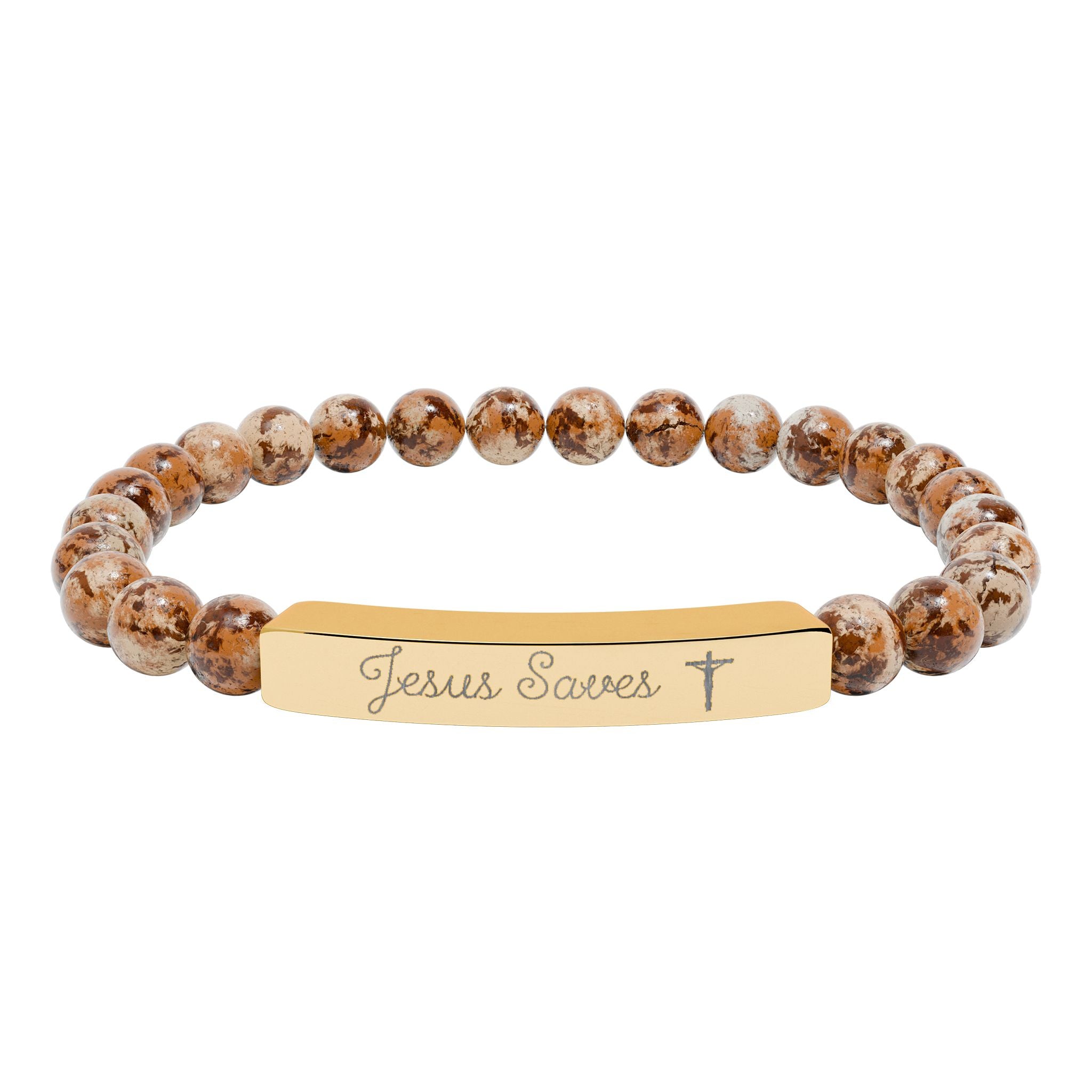 Engraved Natural Stone Stretch Bracelet — Personalized Bar Bead Bracelet ("Jesus Loves")