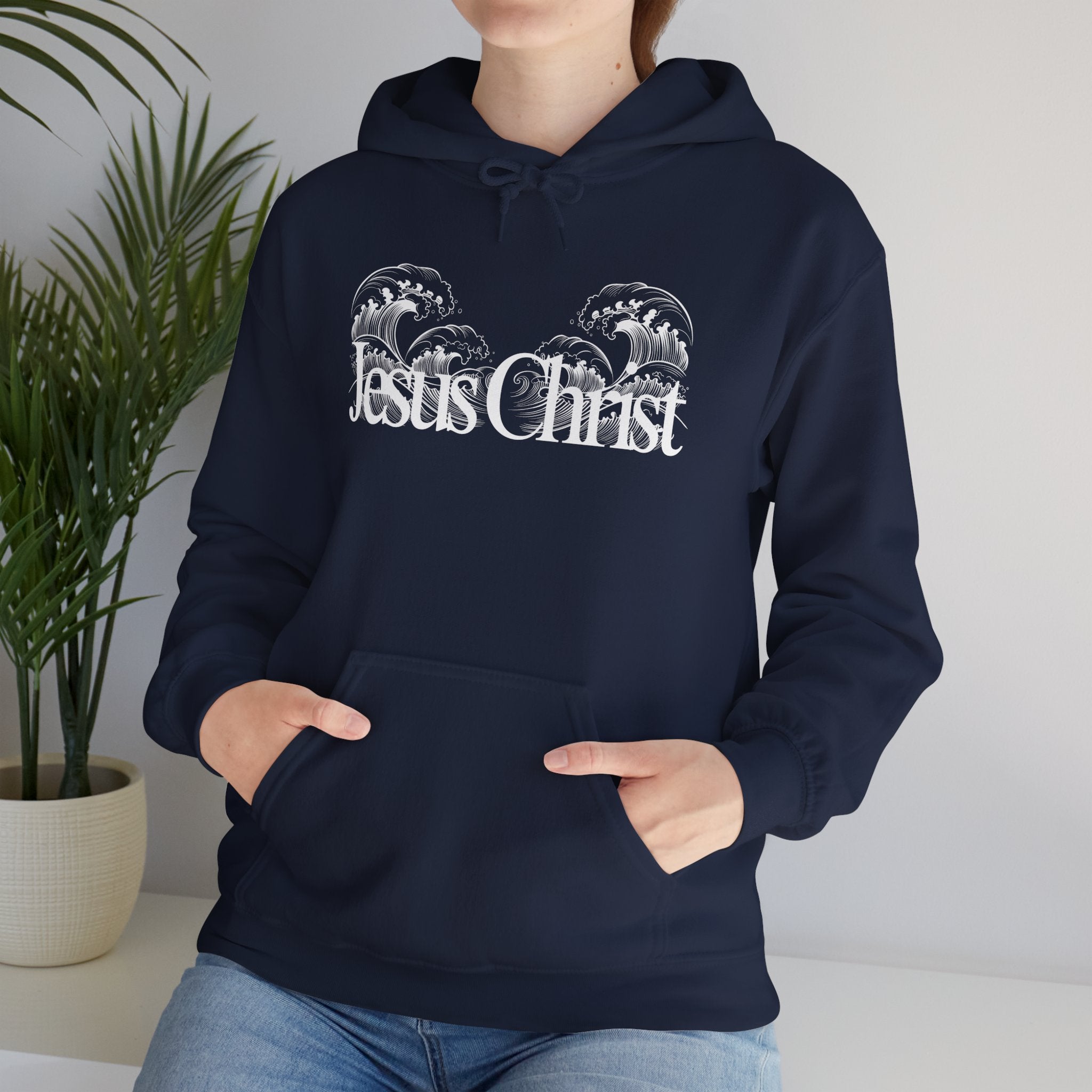 Jesus Christ Hoodie — Wave Graphic with Scripture Back (Faith-Based Christian Sweatshirt)