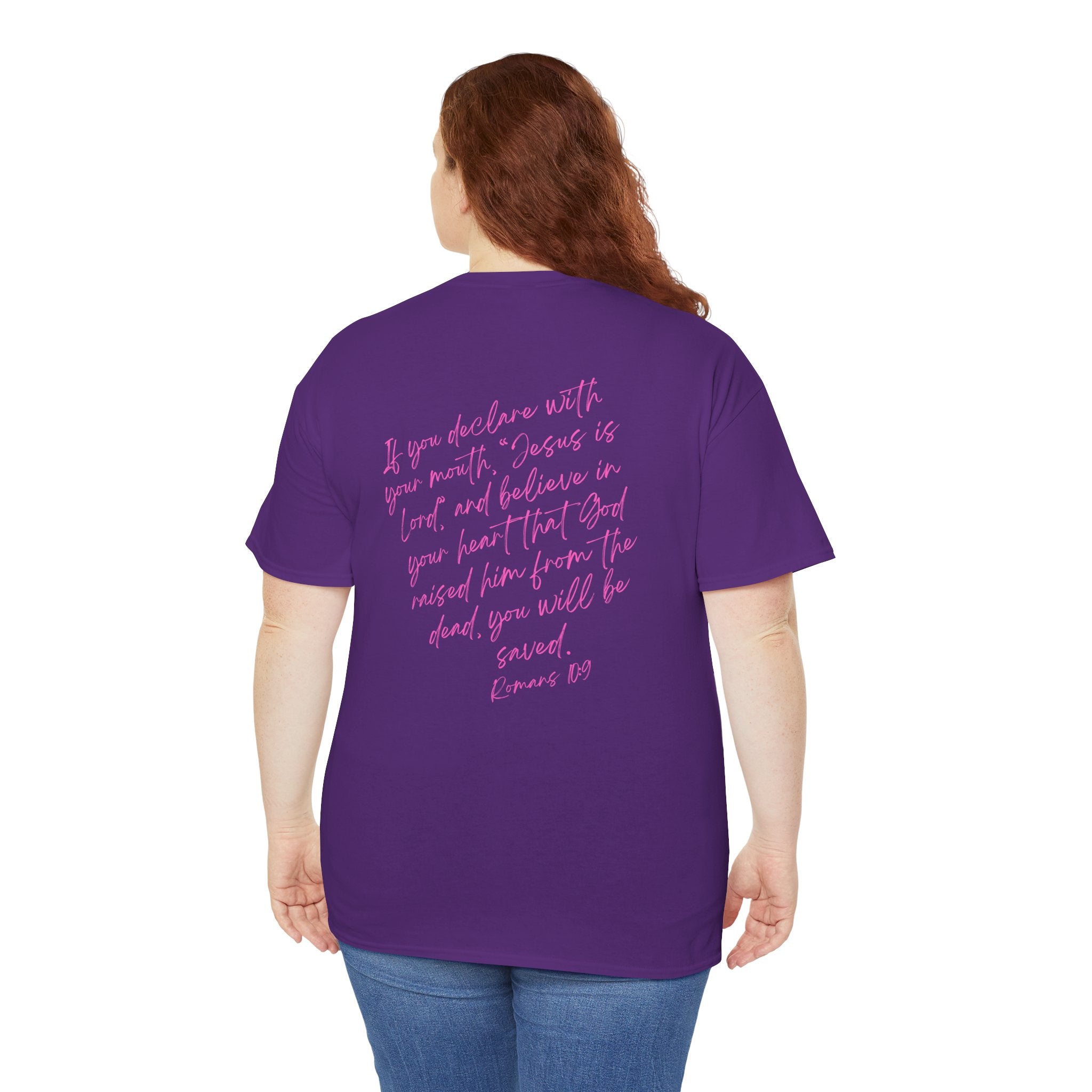 Saved T‑Shirt — Pink Script Faith Tee with Inspiring Back Verse
