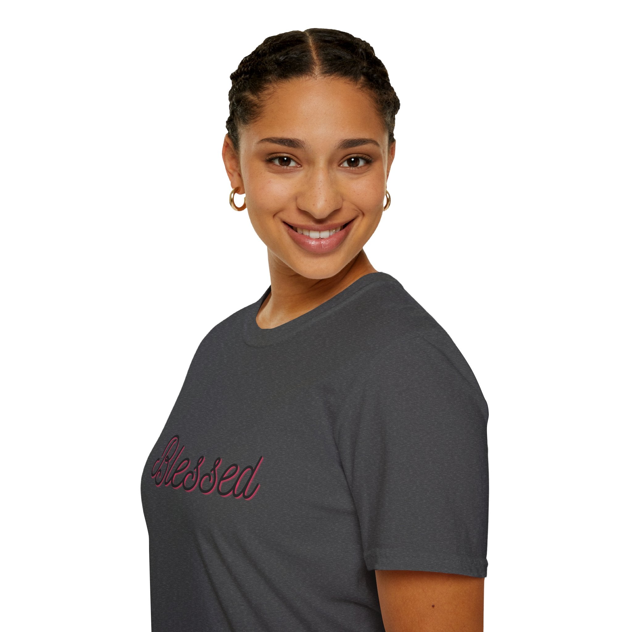 Blessed Script T‑Shirt — Inspirational "Blessed" Tee with Back Verse (Don't Worry)