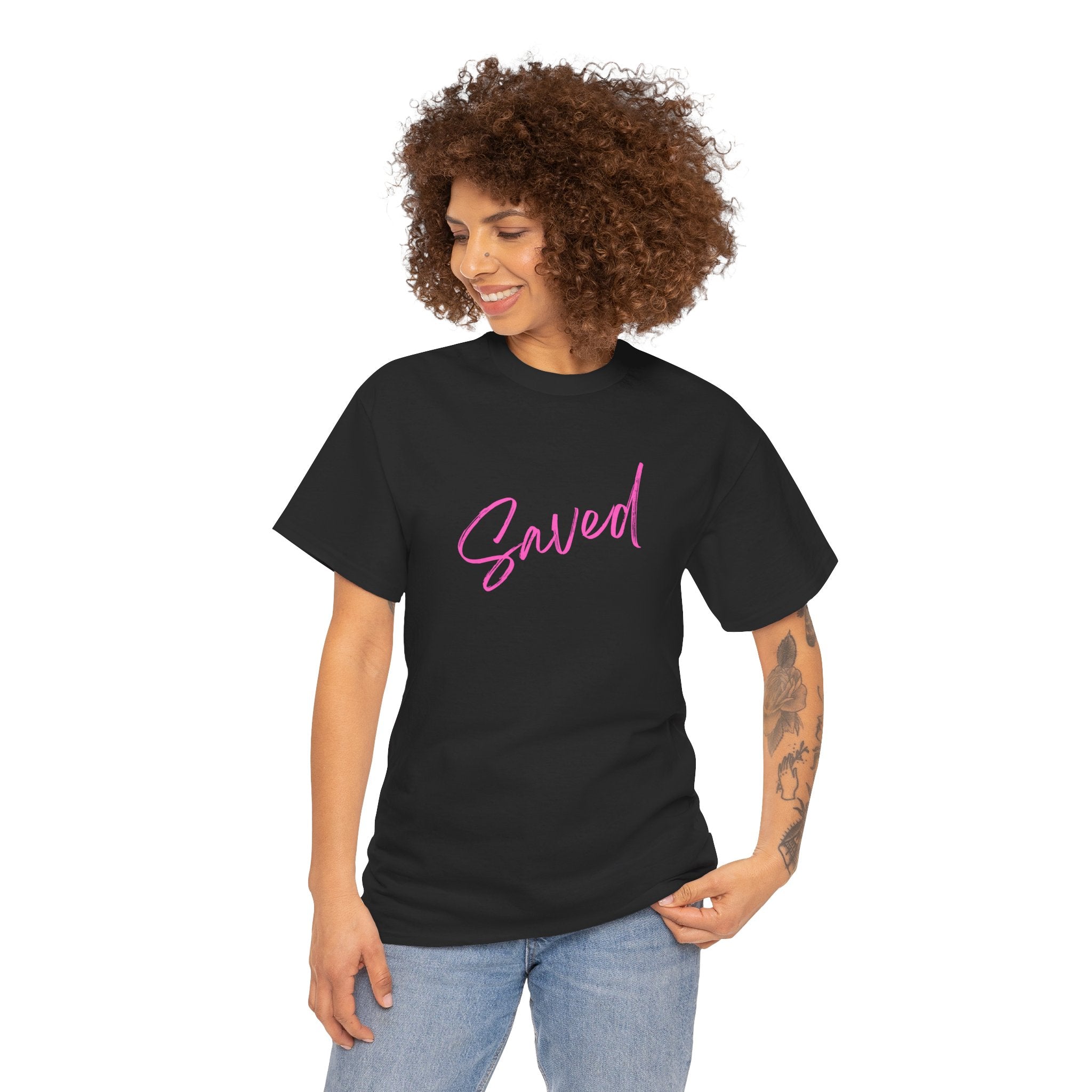 Saved T‑Shirt — Pink Script Faith Tee with Inspiring Back Verse