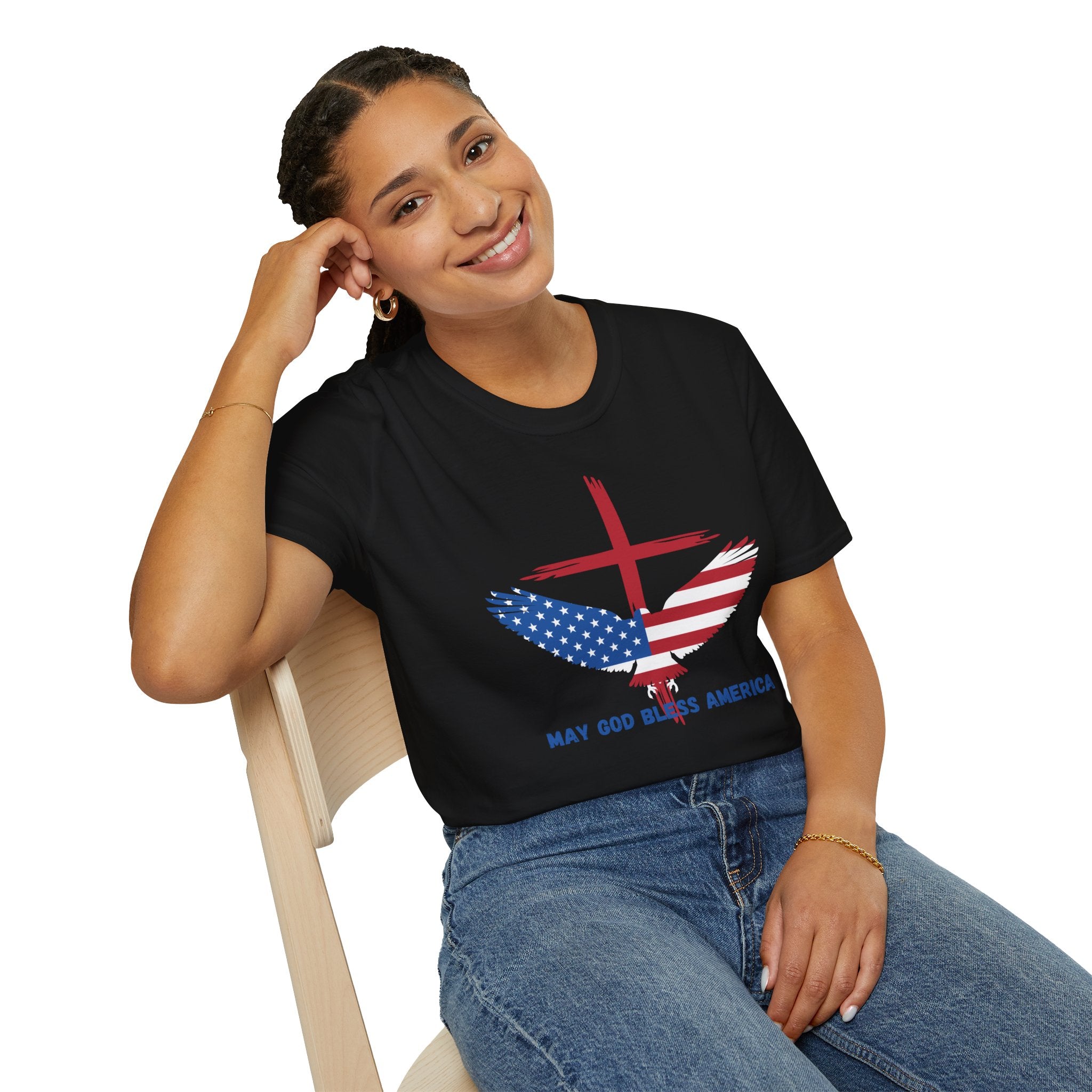 Patriotic Eagle T-Shirt — "May God Bless America" Flag Cross Graphic