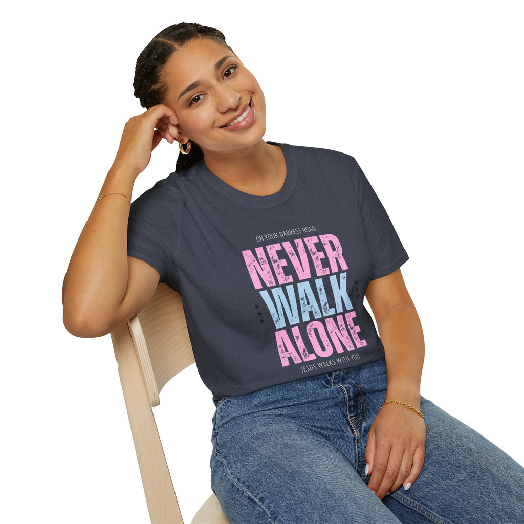 Never Walk Alone Jesus Walks With You T-Shirt — Pastel Pink & Blue Inspirational Tee