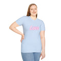 Love Script T-Shirt — Pink Neon "Love" Graphic with Scripture Back