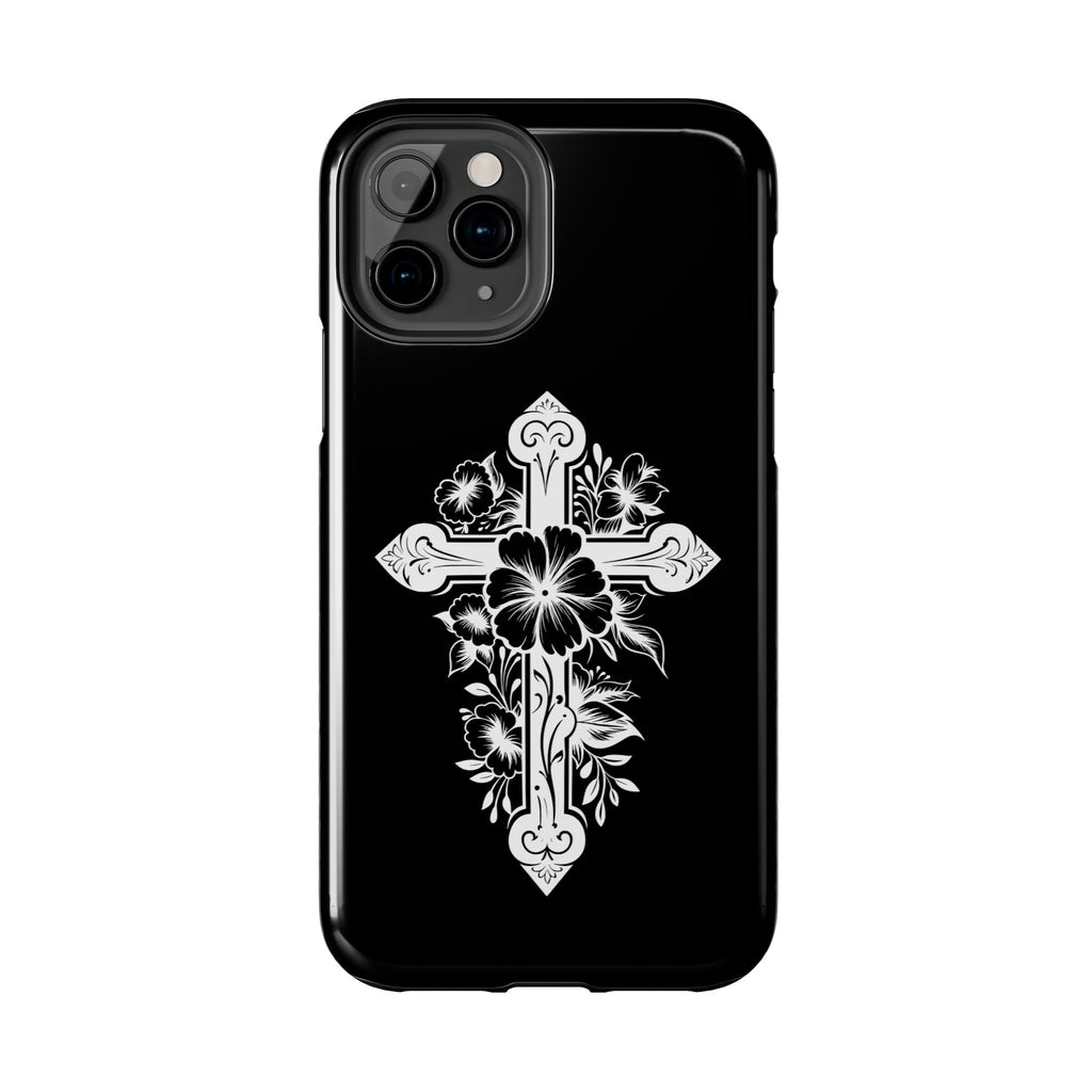 Floral Cross Tough Phone Case — Black Protective Christian Phone Cover