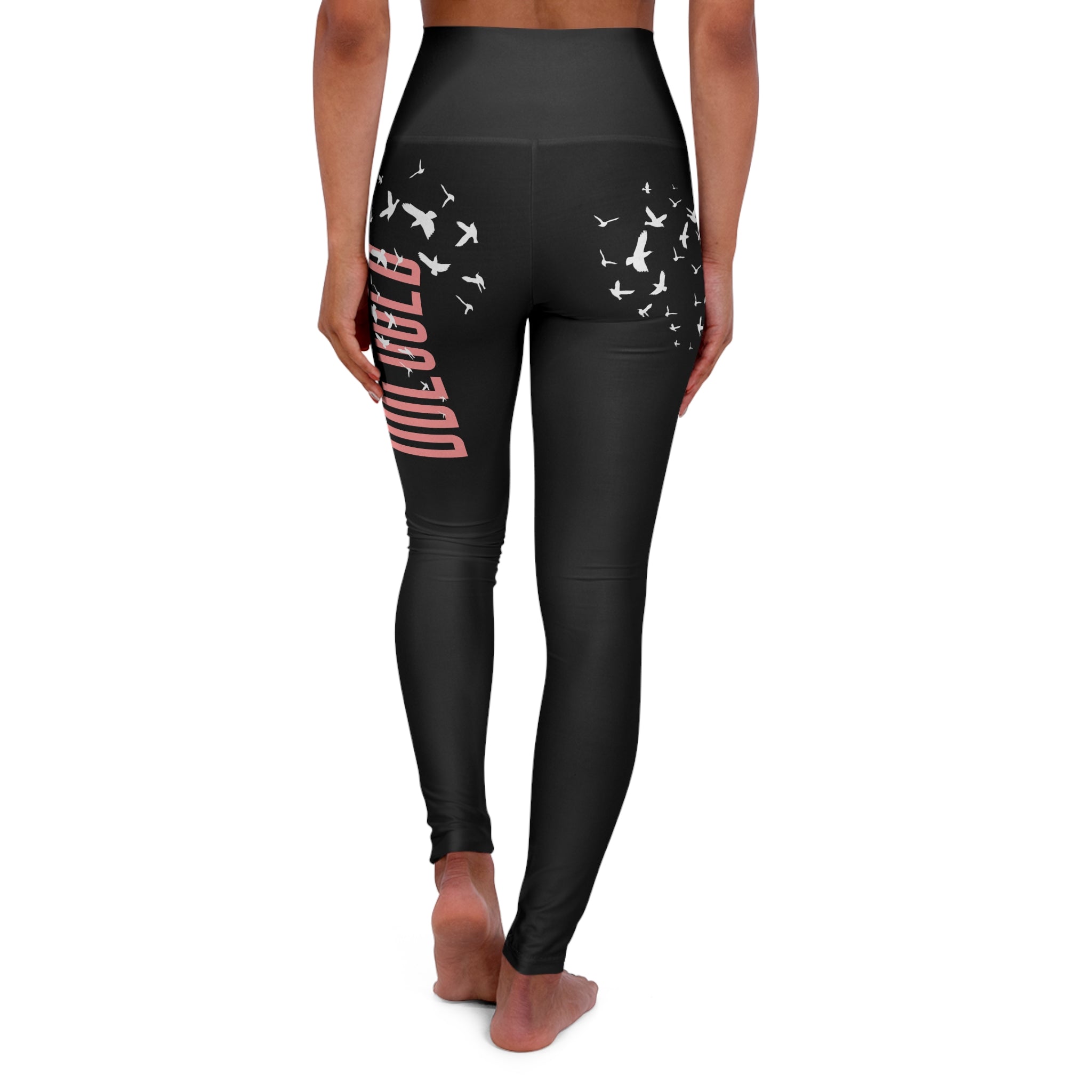 High-Waisted Leggings with 'Blessed' Script & Flying Doves – Black
