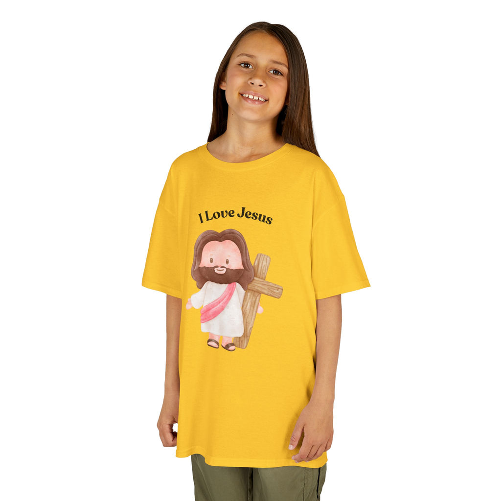 Kids T-Shirt — Cute "I Love Jesus" Cartoon Jesus Holding Cross — Christian Easter Gift for Children