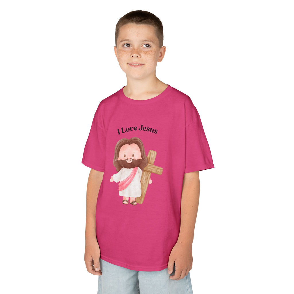Kids T-Shirt — Cute "I Love Jesus" Cartoon Jesus Holding Cross — Christian Easter Gift for Children