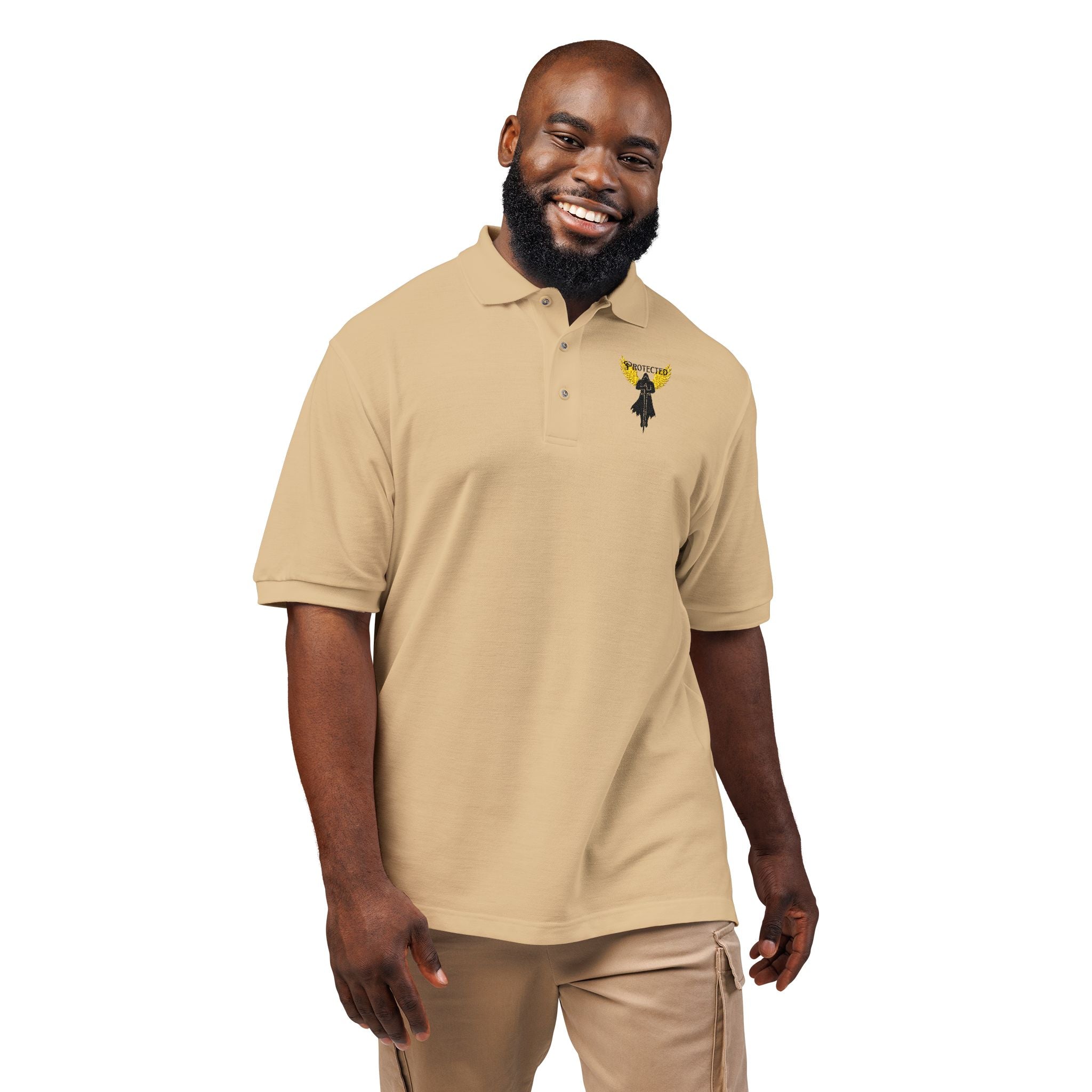 Embroidered Guardian Angel Polo Shirt — Yellow Wing Angel Protected Chest Logo