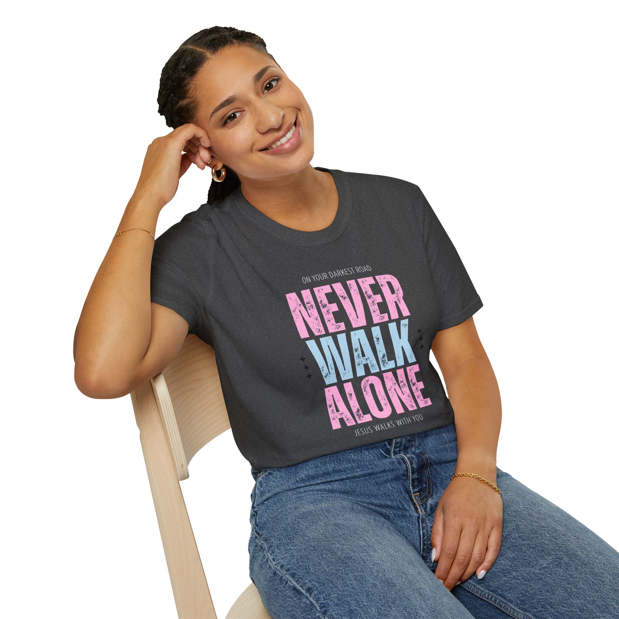 Never Walk Alone Jesus Walks With You T-Shirt — Pastel Pink & Blue Inspirational Tee