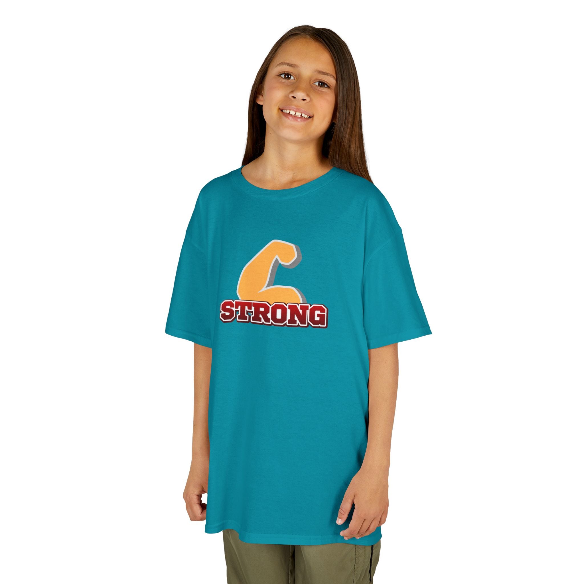 Kids Tee — "Strong" Muscle Graphic with Philippians 4:13 Back (Christian Inspirational)