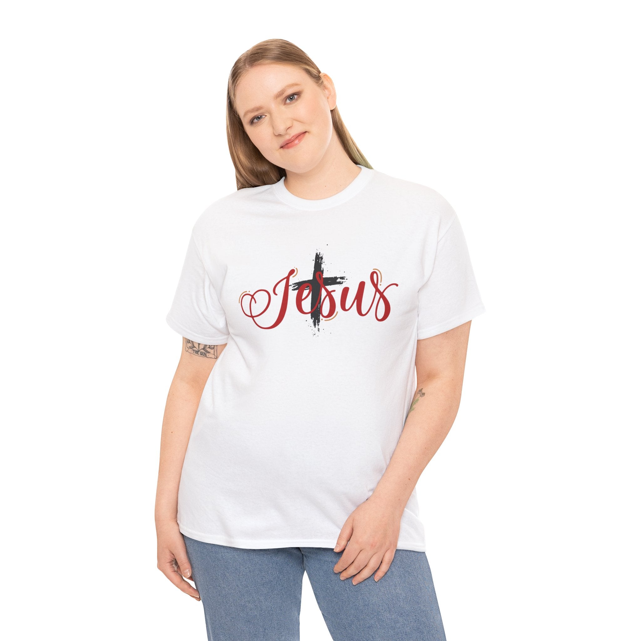 Jesus Cross T-Shirt — Red Brushstroke Faith Tee with Scripture Back (John 14:6)