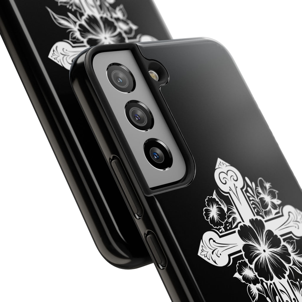 Floral Cross Tough Phone Case — Black Protective Christian Phone Cover
