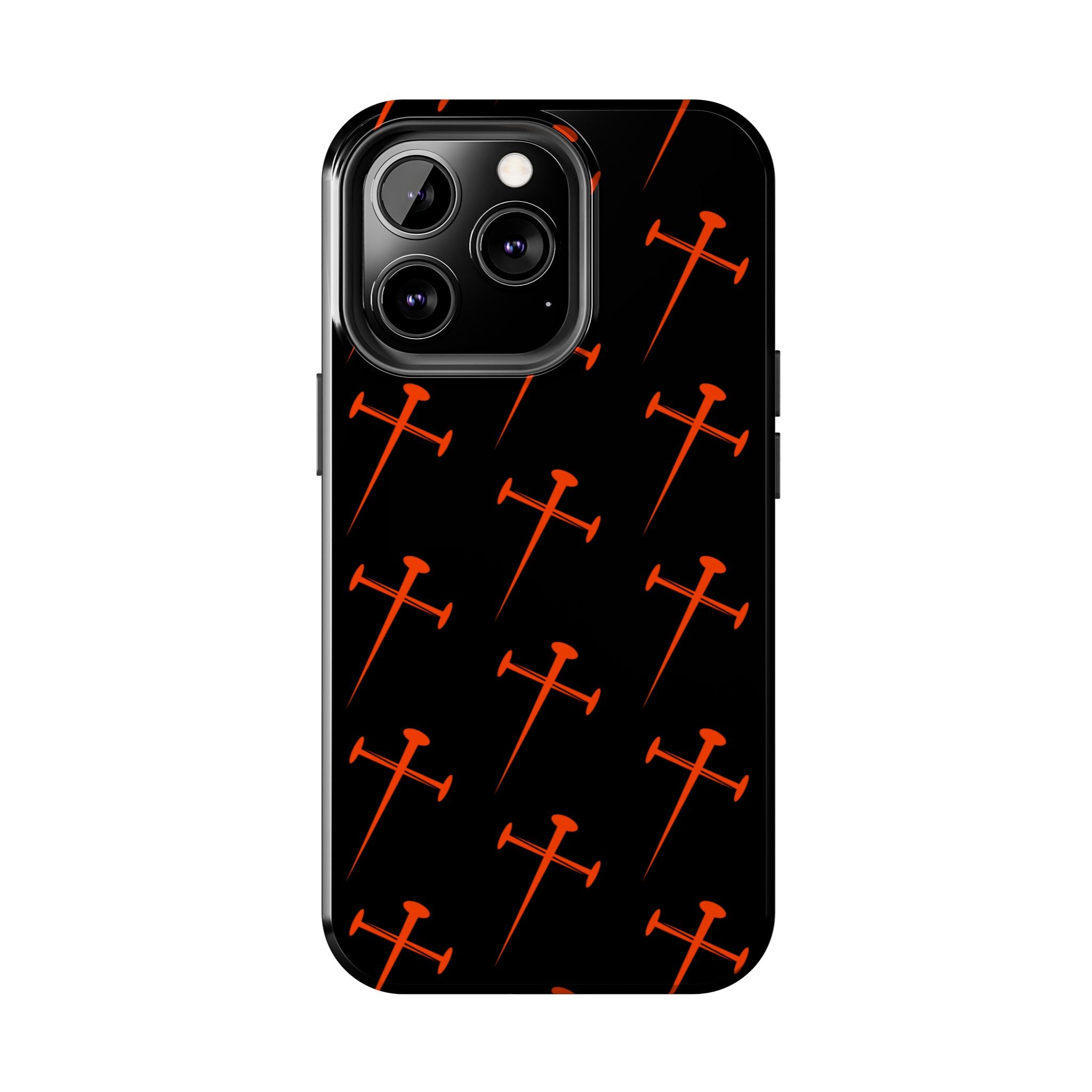 Black Tough Phone Case with Orange Nail Cross Pattern