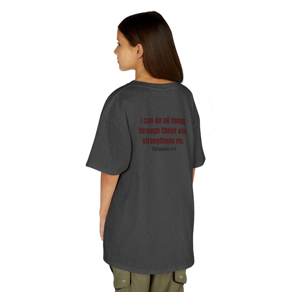Kids Tee — "Strong" Muscle Graphic with Philippians 4:13 Back (Christian Inspirational)