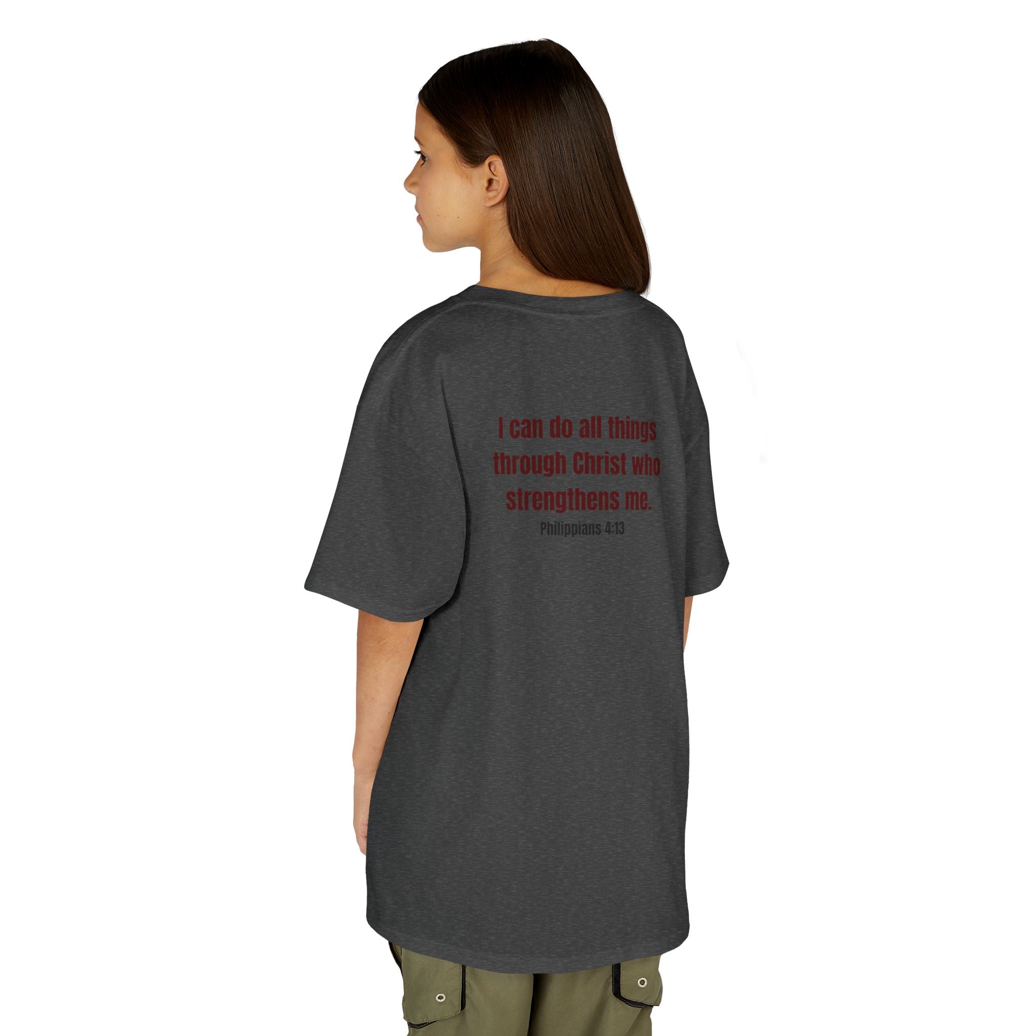Kids Tee — "Strong" Muscle Graphic with Philippians 4:13 Back (Christian Inspirational)