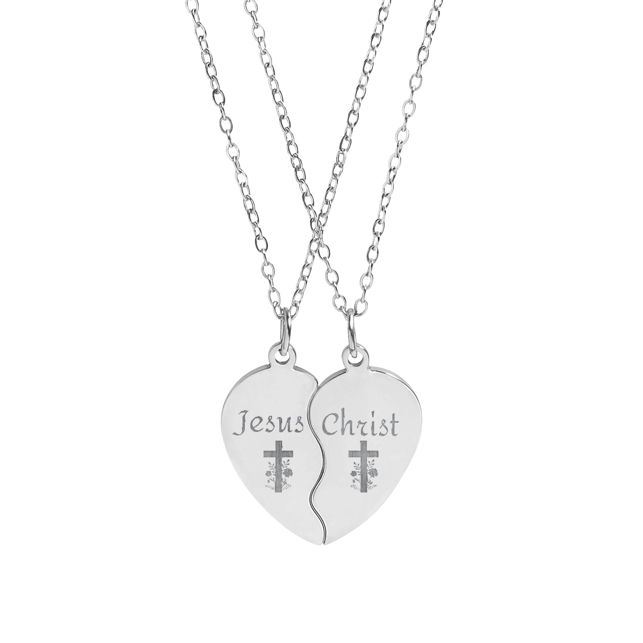 Engraved Break-Apart Heart Necklace Set — "Jesus Christ" Matching Friendship Pendant
