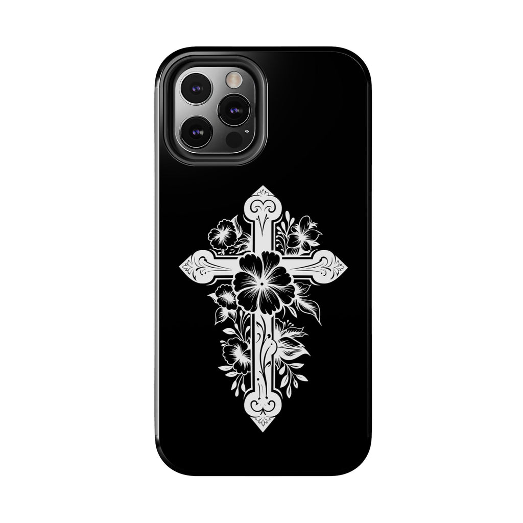 Floral Cross Tough Phone Case — Black Protective Christian Phone Cover