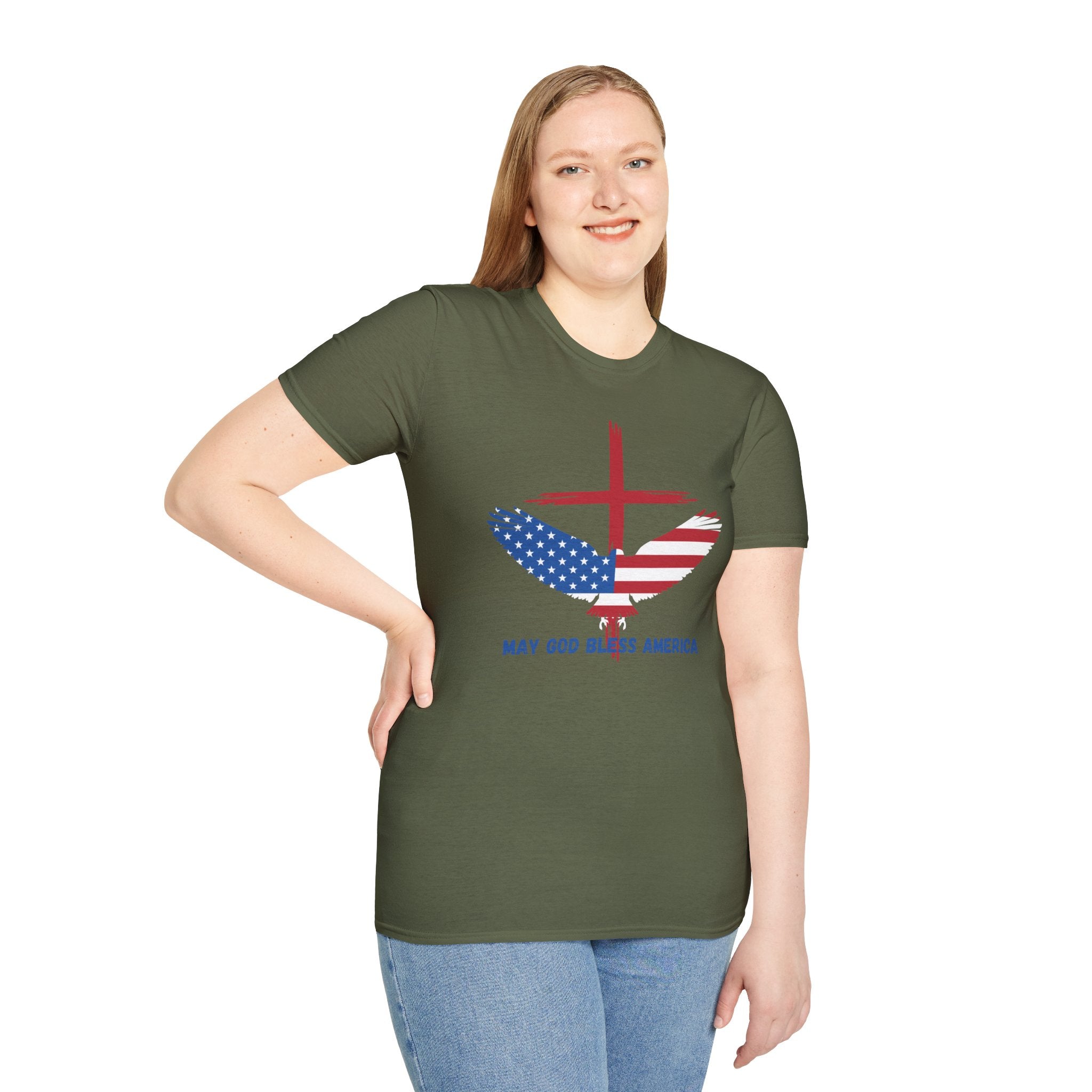Patriotic Eagle T-Shirt — "May God Bless America" Flag Cross Graphic