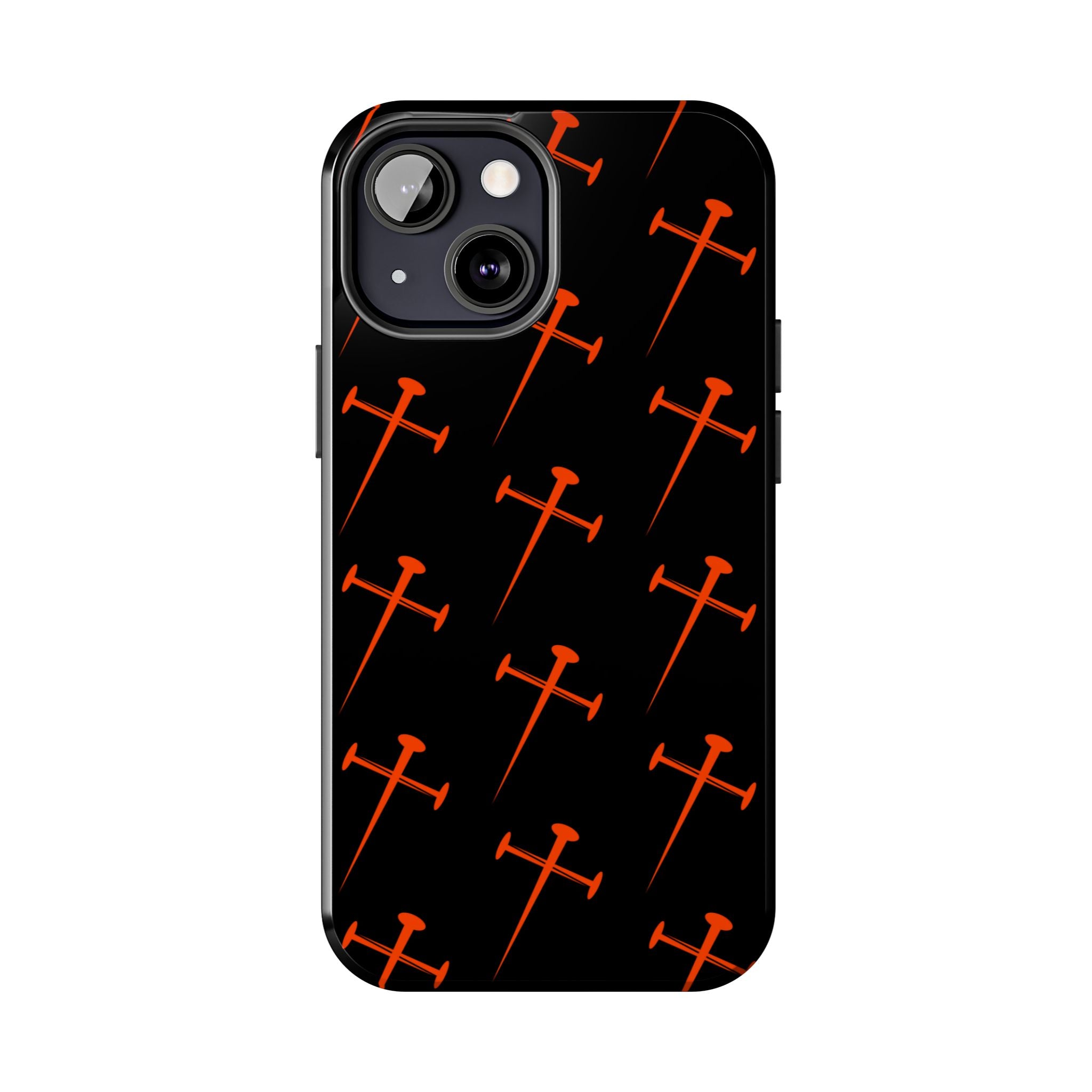 Black Tough Phone Case with Orange Nail Cross Pattern