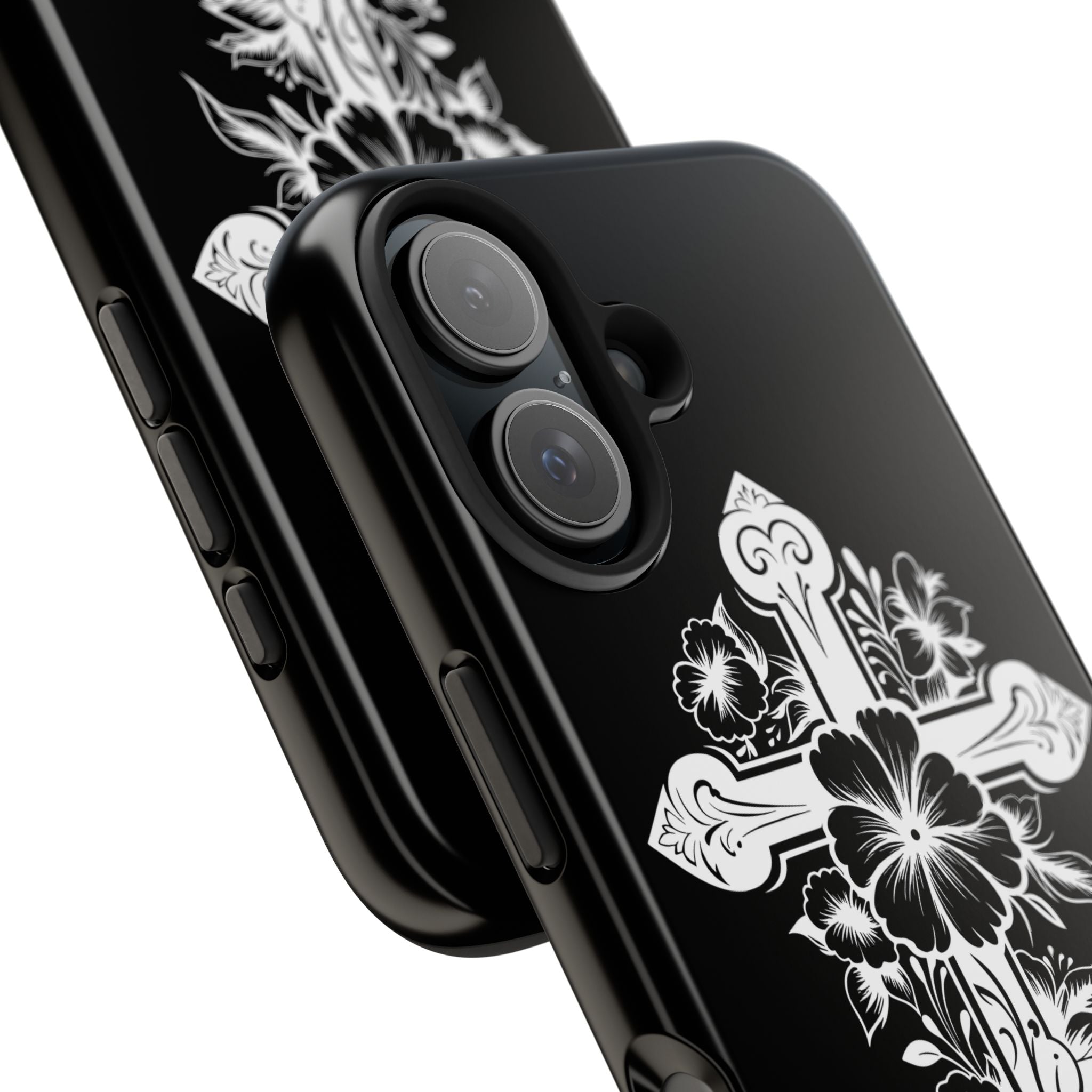 Floral Cross Tough Phone Case — Black Protective Christian Phone Cover