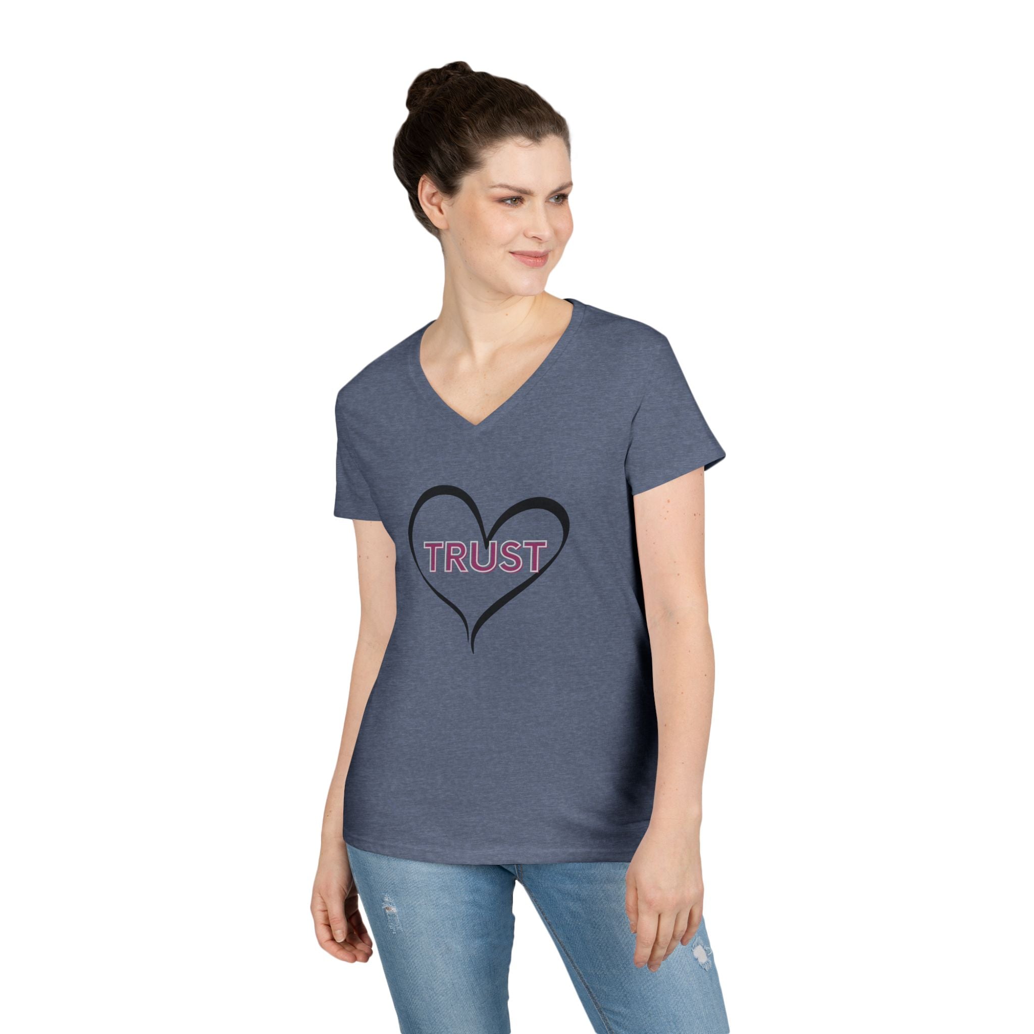 Ladies' V-Neck T-Shirt — Heart "TRUST" Faith Tee with Proverbs 3:5 Back Design