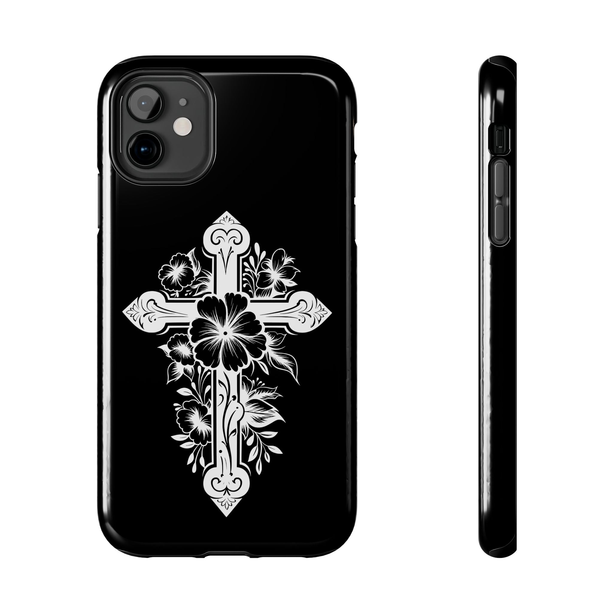 Floral Cross Tough Phone Case — Black Protective Christian Phone Cover
