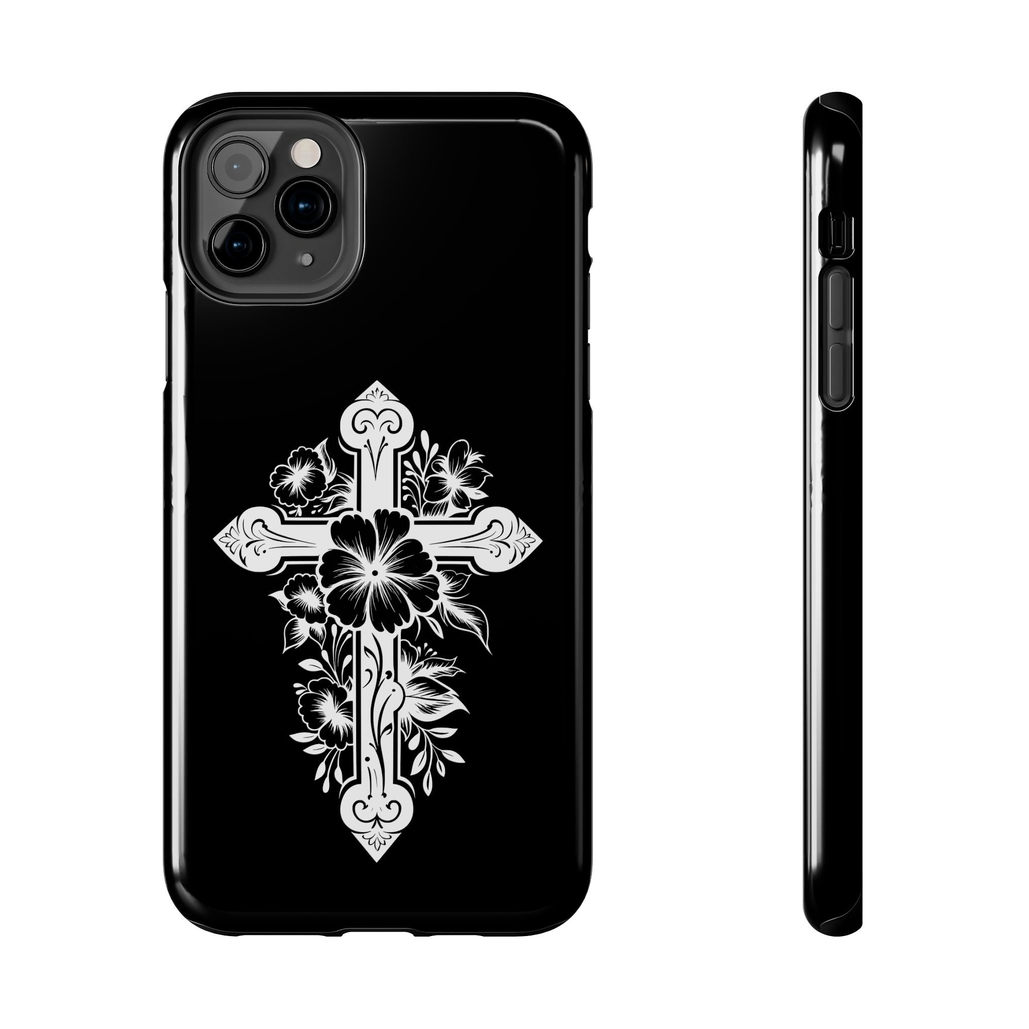 Floral Cross Tough Phone Case — Black Protective Christian Phone Cover