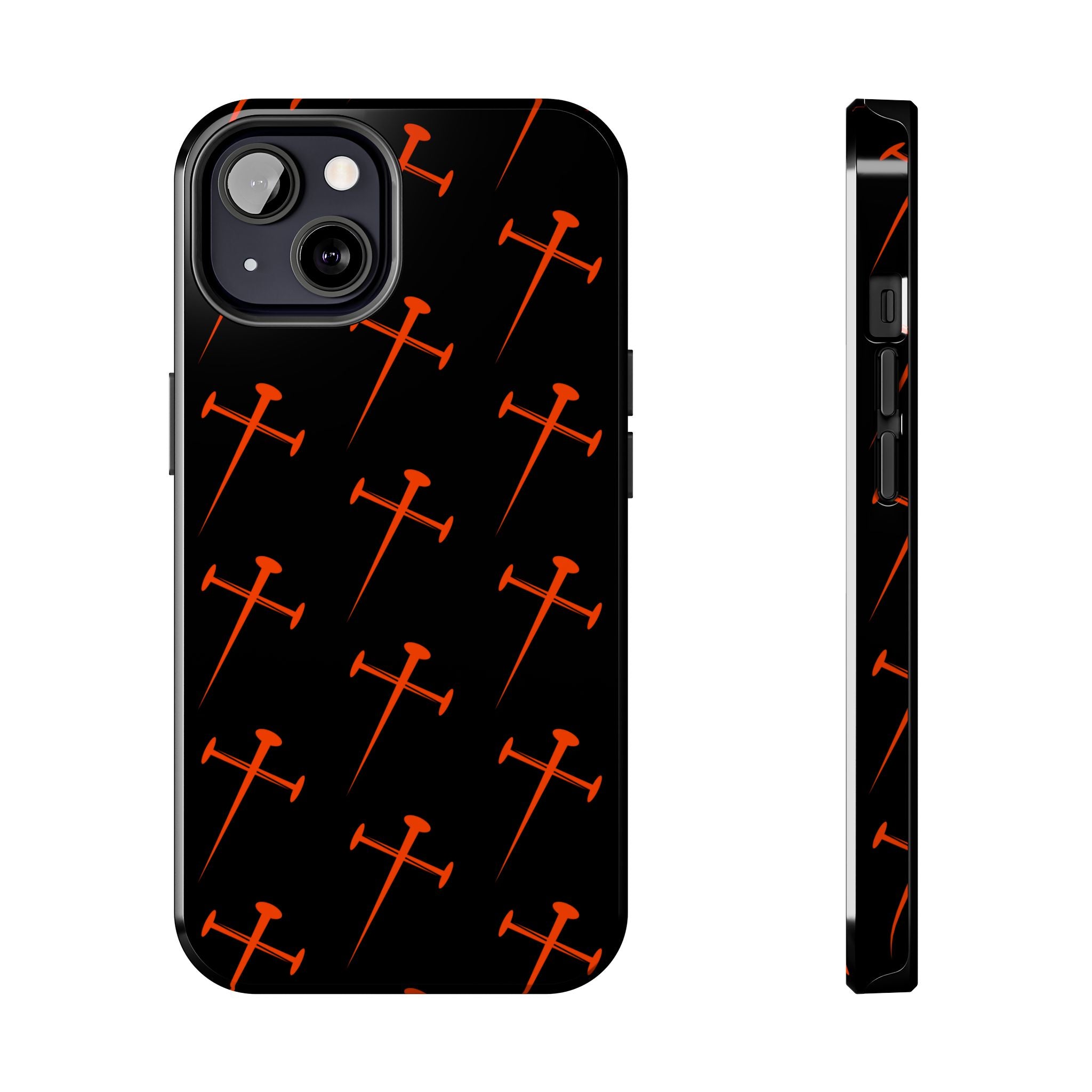 Black Tough Phone Case with Orange Nail Cross Pattern