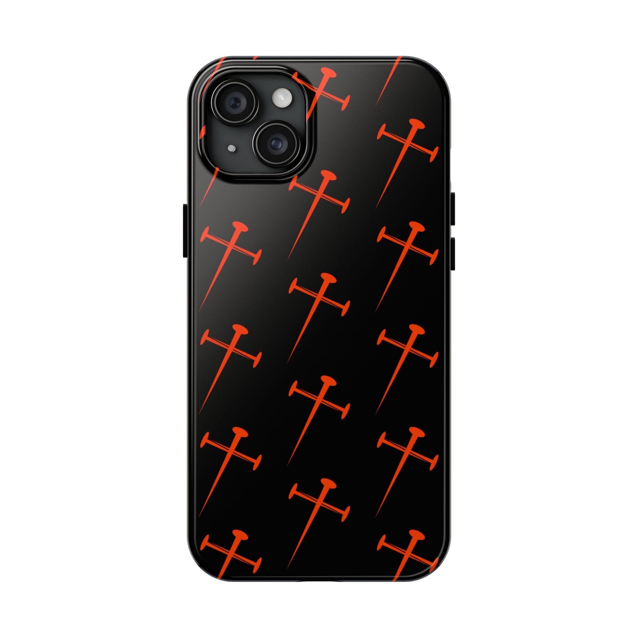 Black Tough Phone Case with Orange Nail Cross Pattern