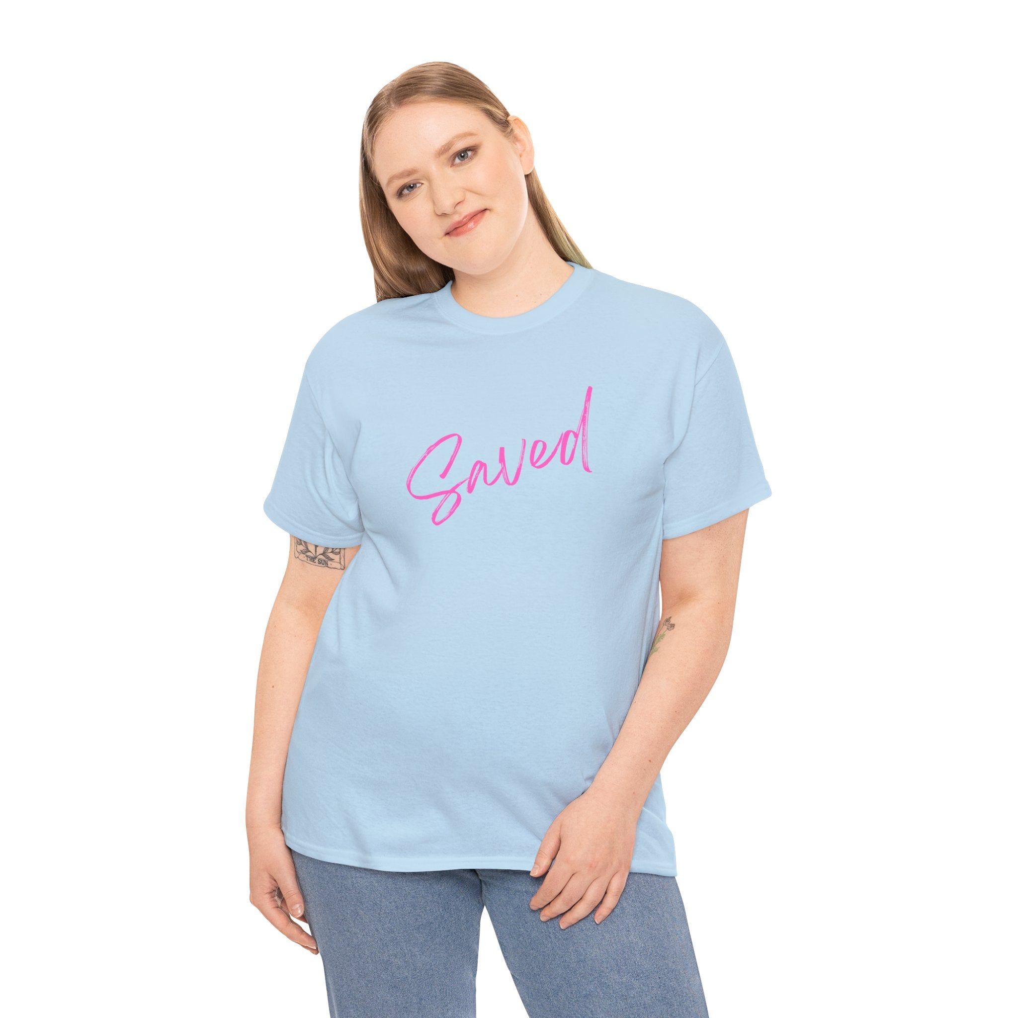 Saved T‑Shirt — Pink Script Faith Tee with Inspiring Back Verse