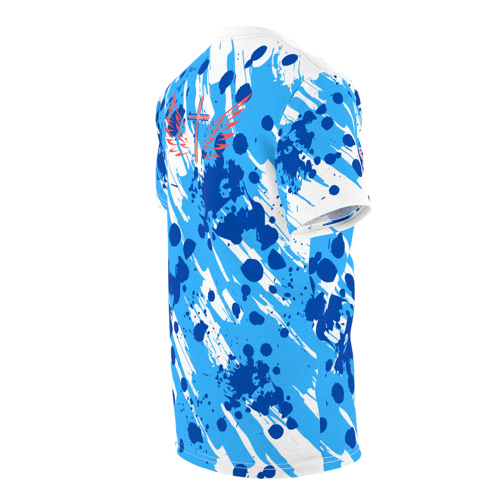 Jesus is My Vibe Splash Graphic Tee — Blue All-Over Print Christian Shirt