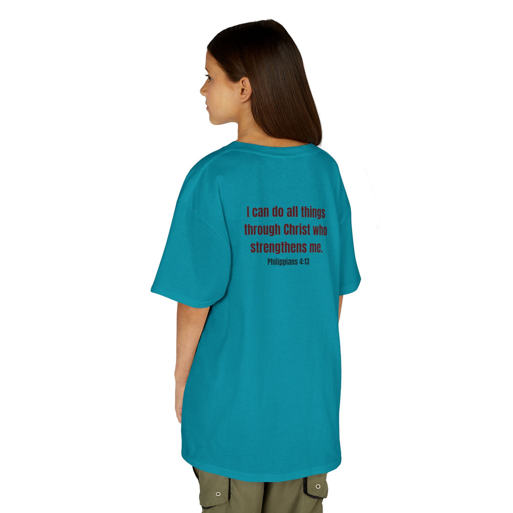 Kids Tee — "Strong" Muscle Graphic with Philippians 4:13 Back (Christian Inspirational)