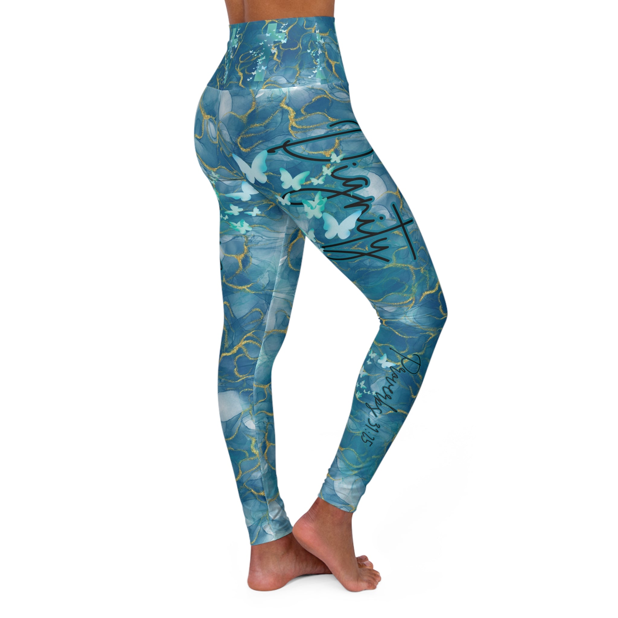 High-Waisted Christian Leggings — Blue Marble Butterfly & Cross, "Strength and Dignity" (Proverbs 31:25)
