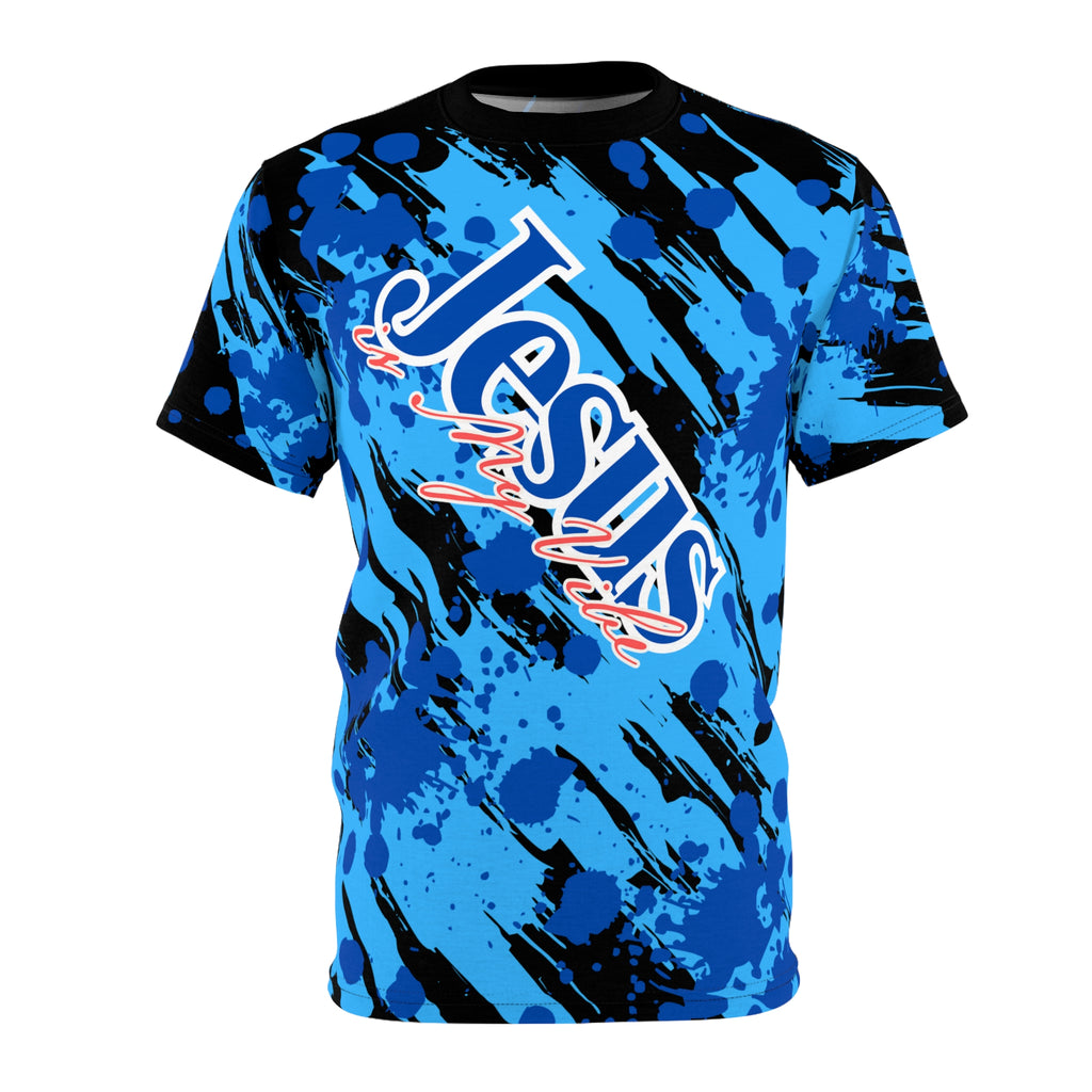 Jesus is My Vibe Splash Graphic Tee — Blue All-Over Print Christian Shirt