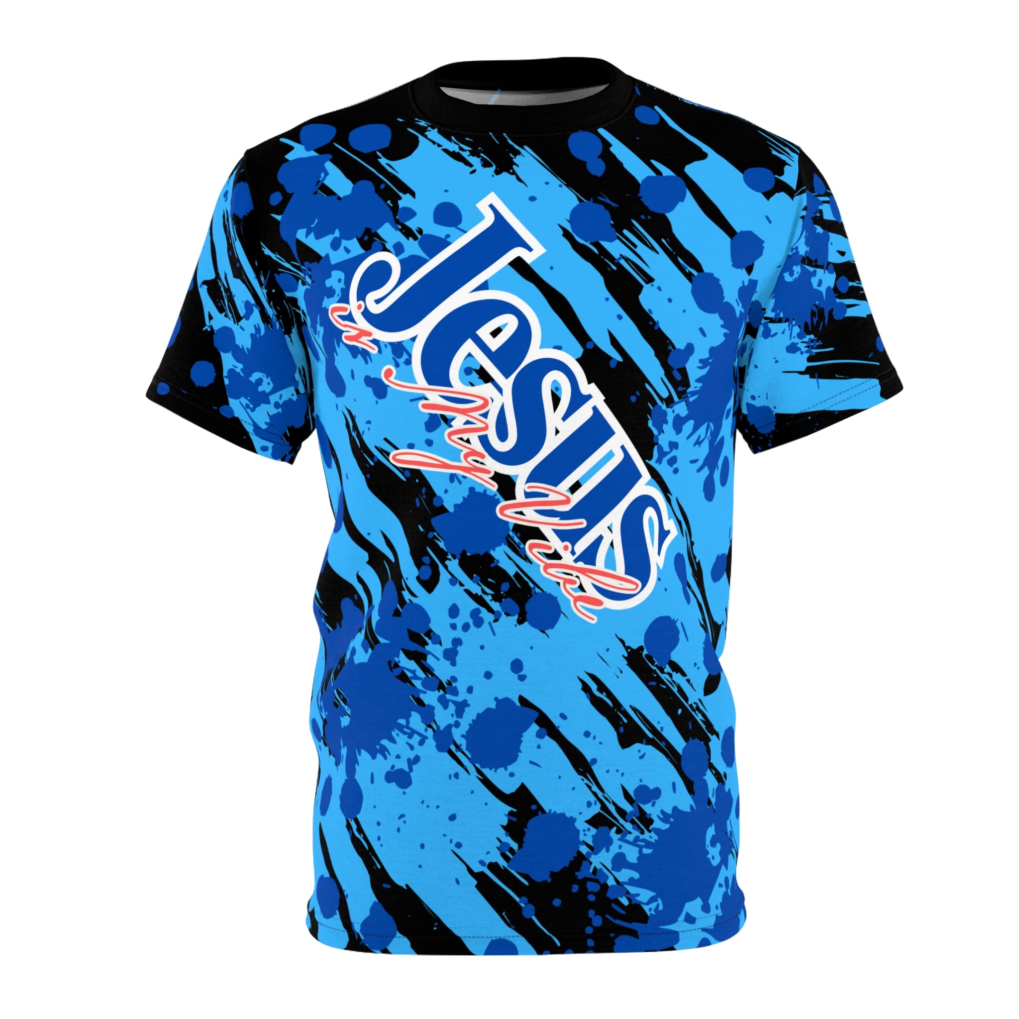 Jesus is My Vibe Splash Graphic Tee — Blue All-Over Print Christian Shirt