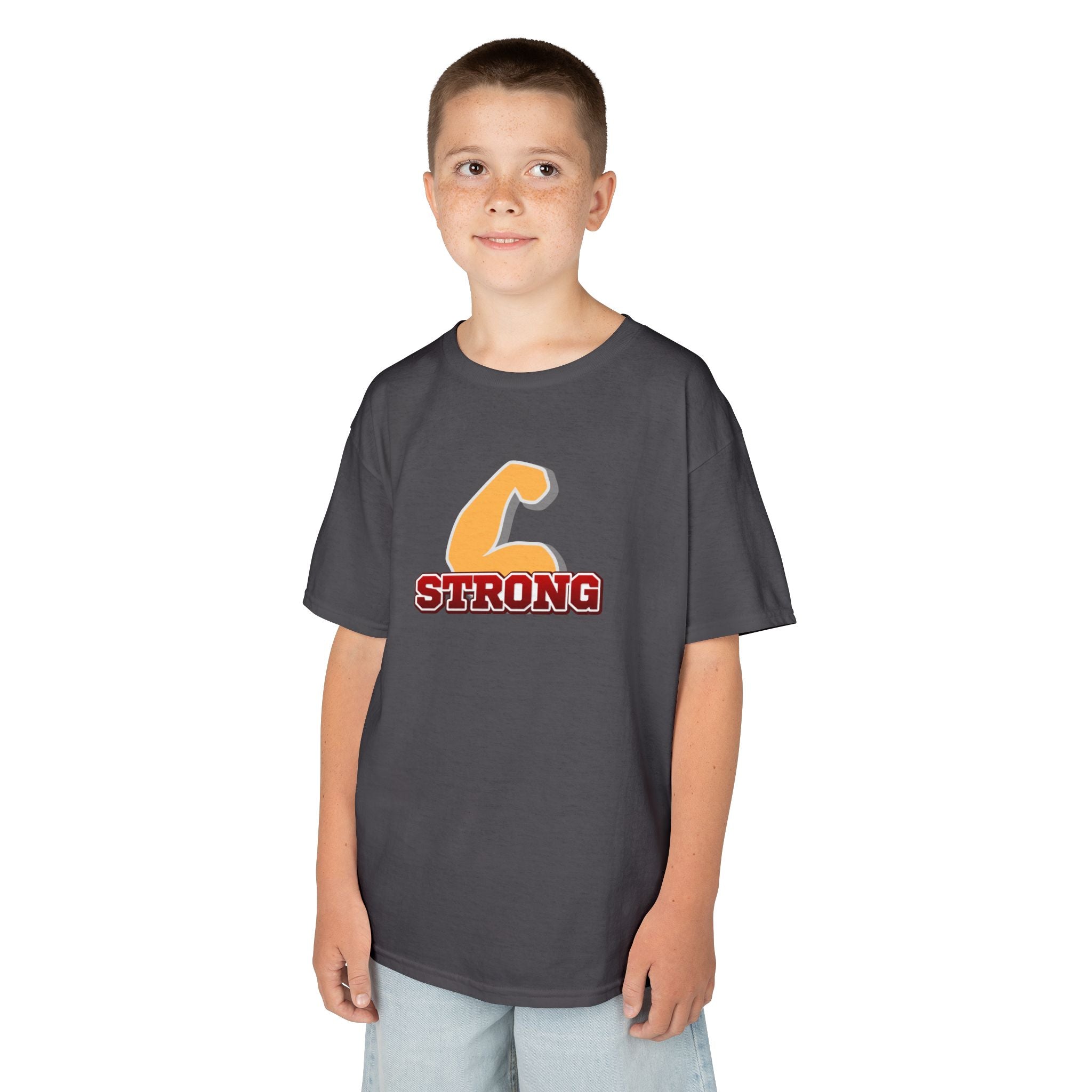 Kids Tee — "Strong" Muscle Graphic with Philippians 4:13 Back (Christian Inspirational)