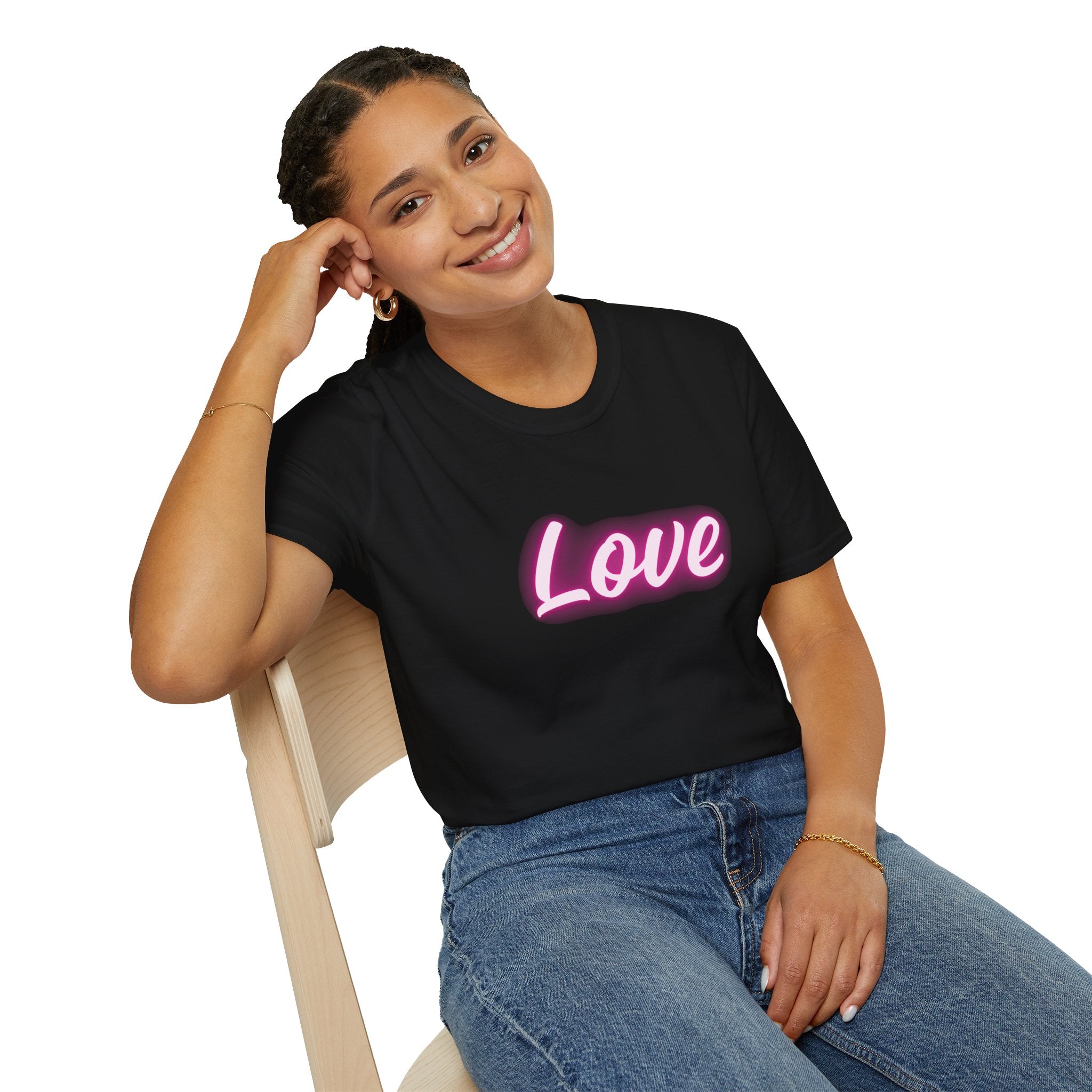 Love Script T-Shirt — Pink Neon "Love" Graphic with Scripture Back