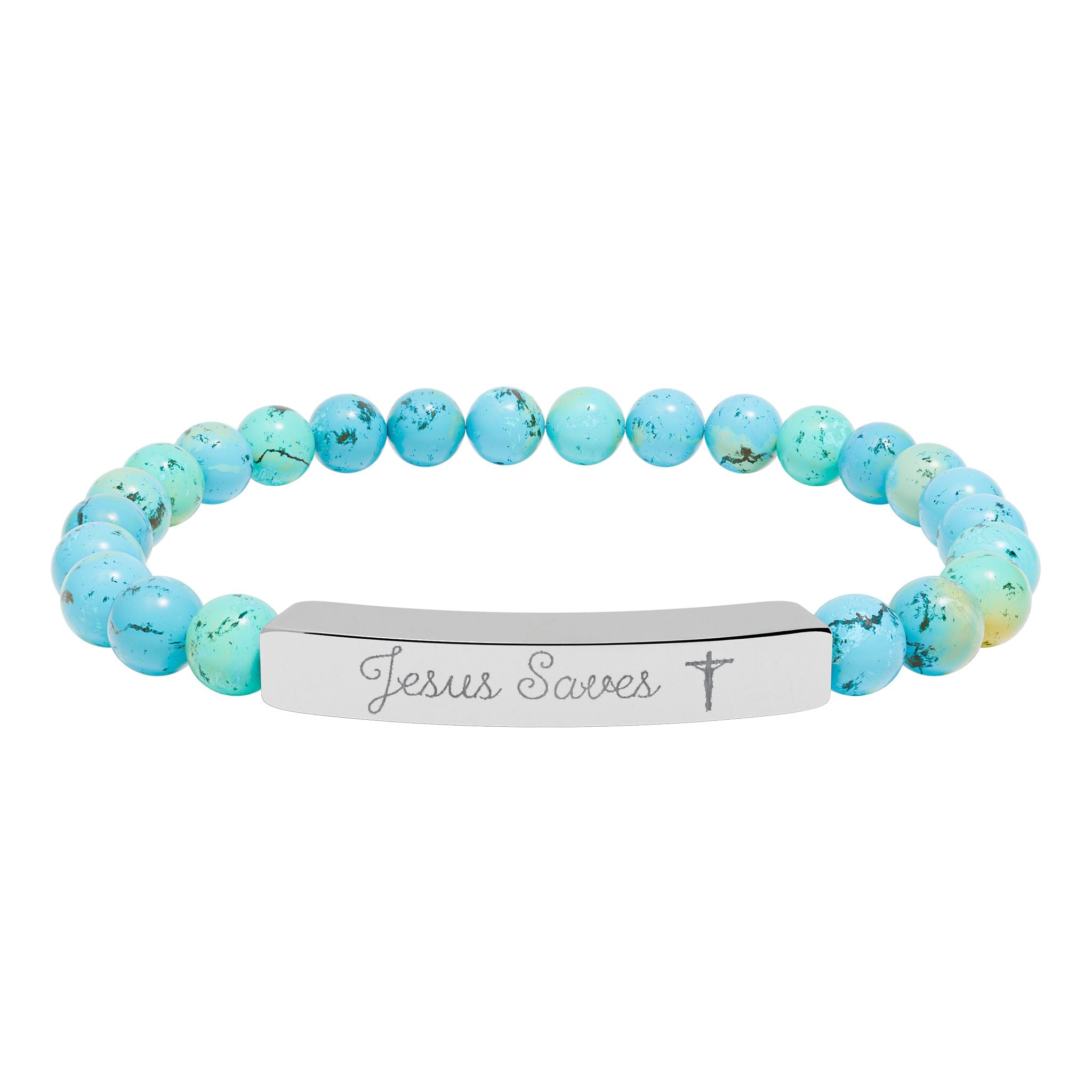 Engraved Natural Stone Stretch Bracelet — Personalized Bar Bead Bracelet ("Jesus Loves")