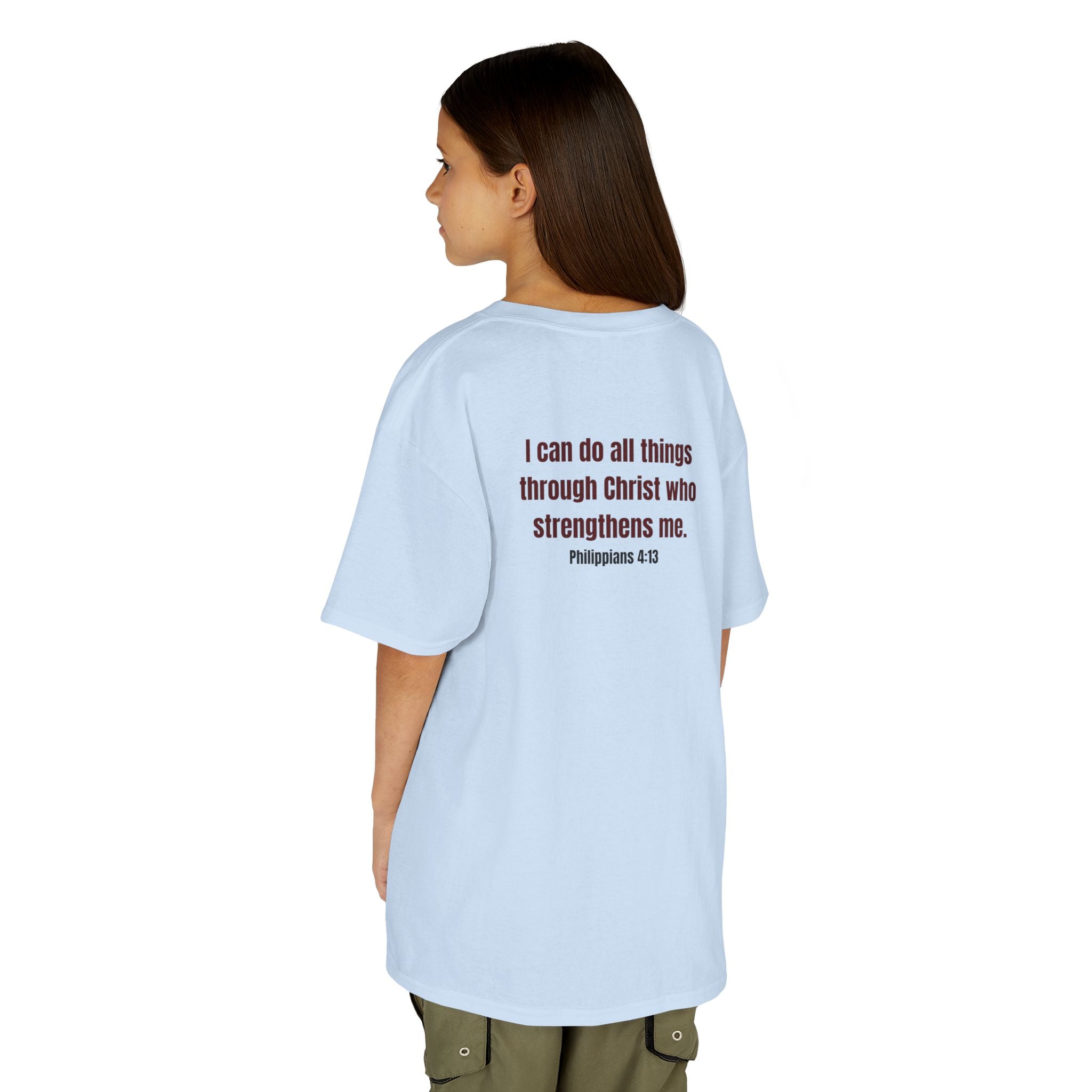 Kids Tee — "Strong" Muscle Graphic with Philippians 4:13 Back (Christian Inspirational)