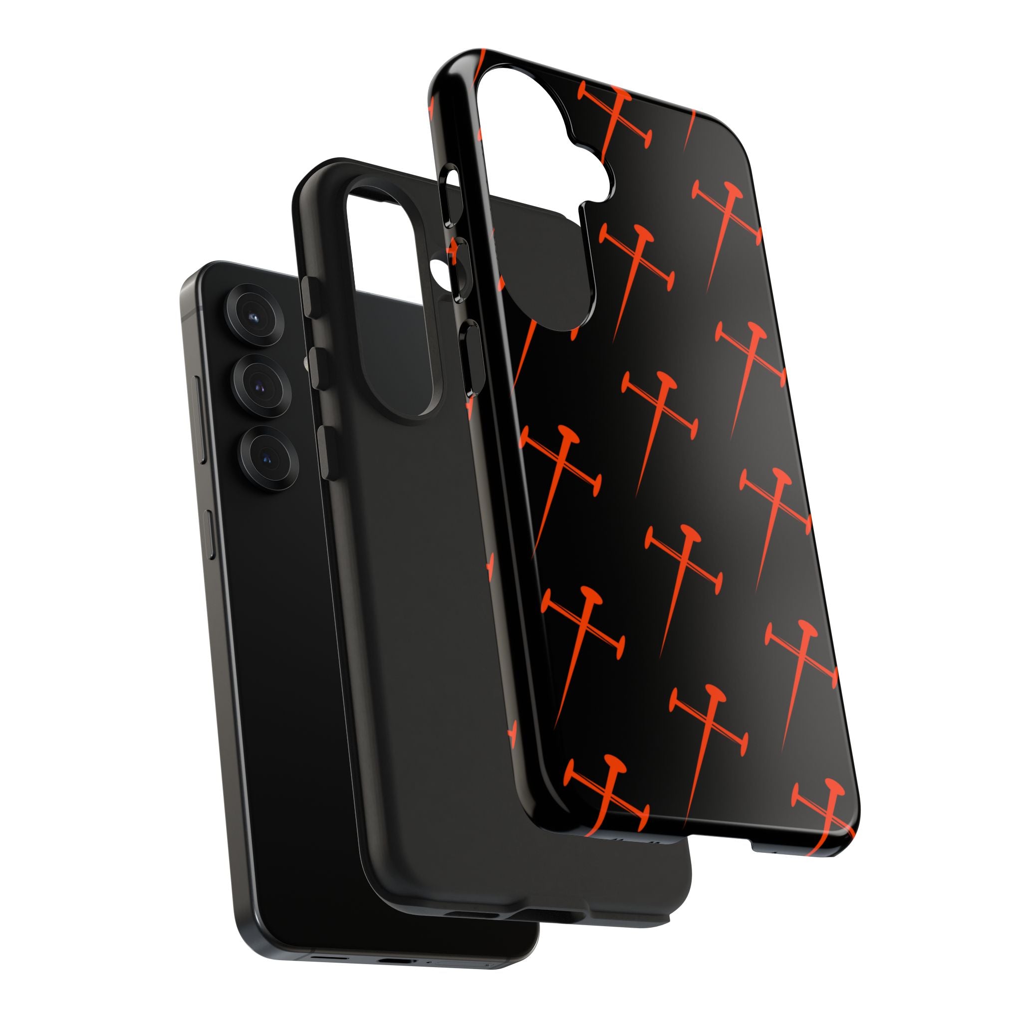 Black Tough Phone Case with Orange Nail Cross Pattern