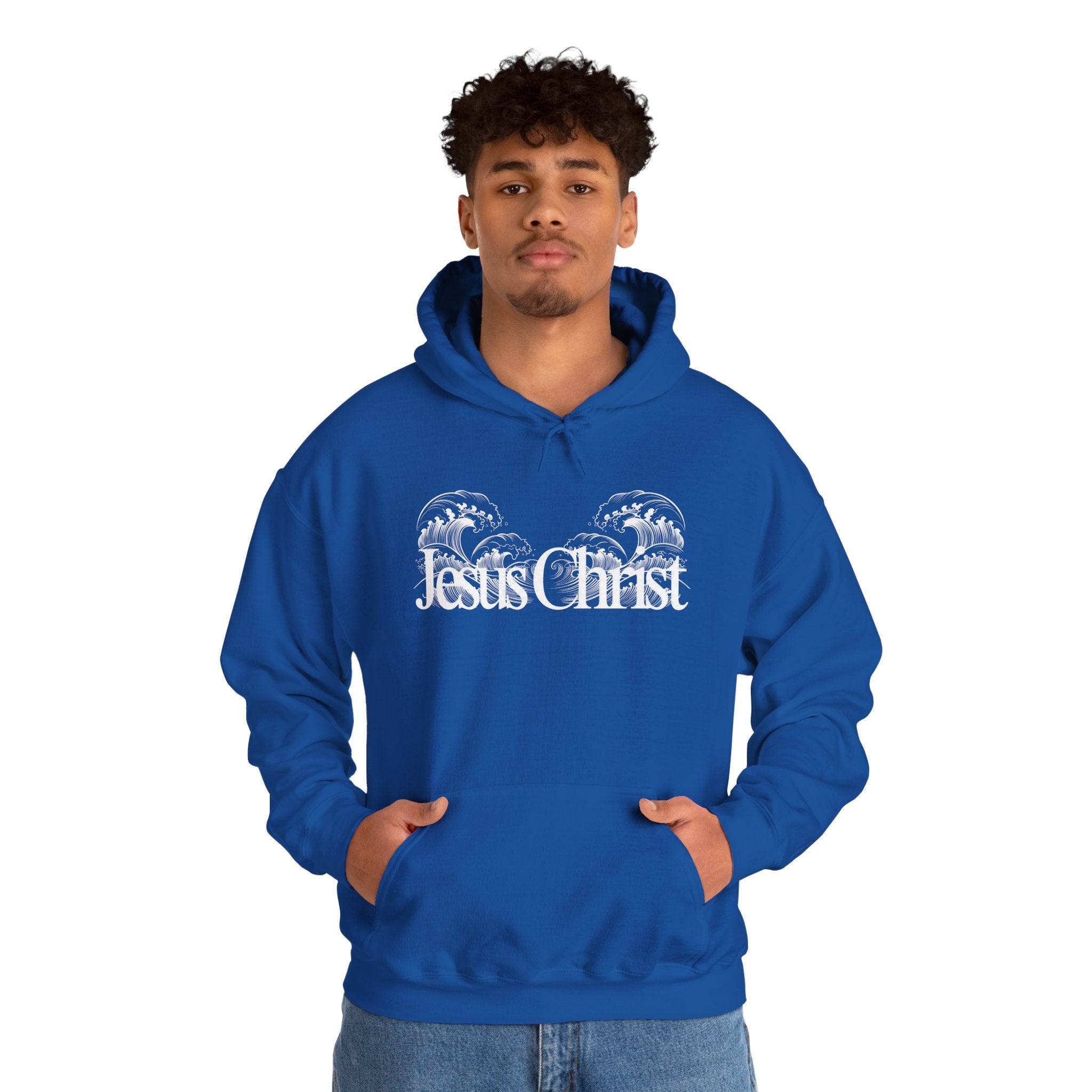 Jesus Christ Hoodie — Wave Graphic with Scripture Back (Faith-Based Christian Sweatshirt)