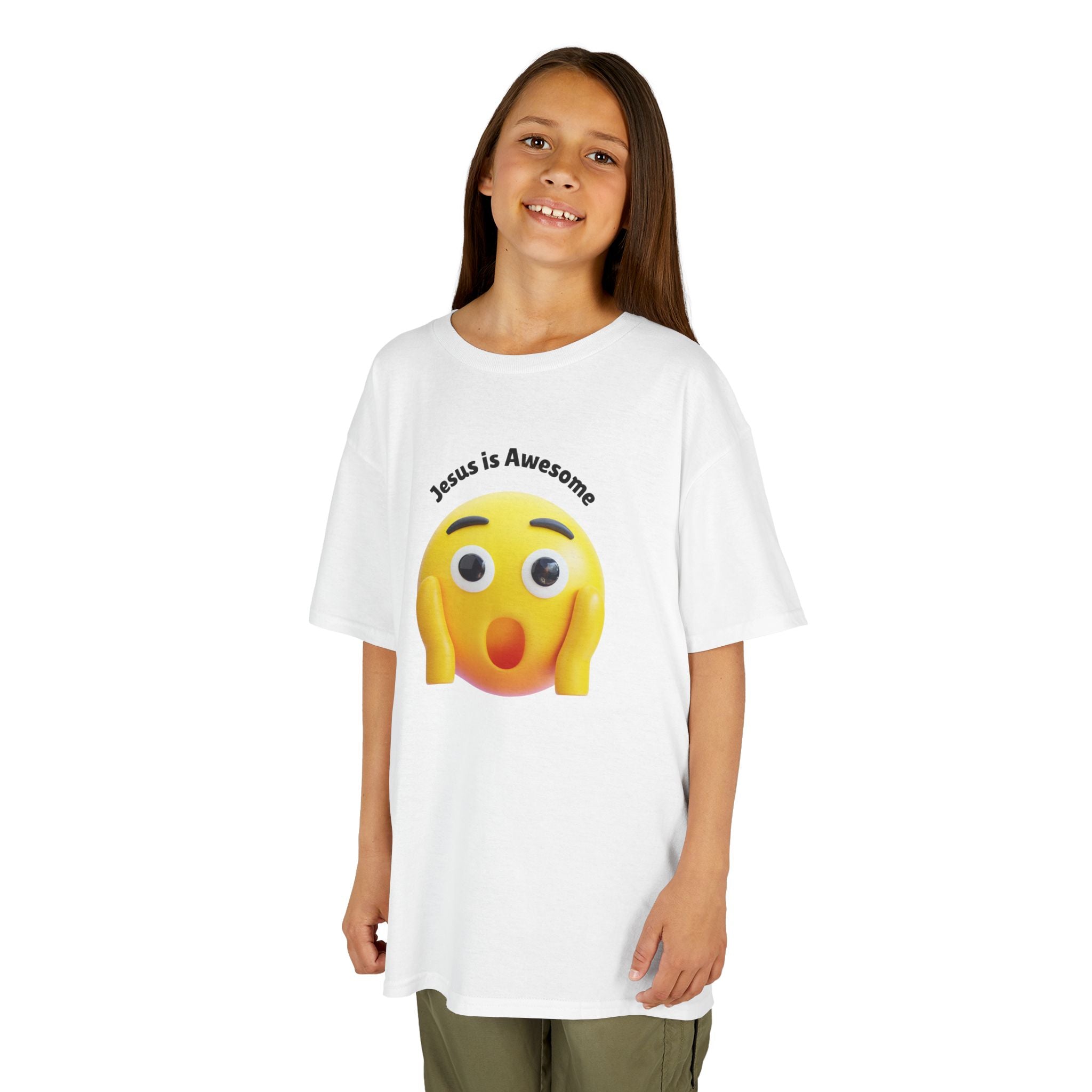 Kids T-Shirt — "Jesus Is Awesome" Surprised Emoji Graphic
