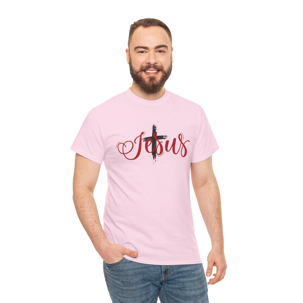 Jesus Cross T-Shirt — Red Brushstroke Faith Tee with Scripture Back (John 14:6)