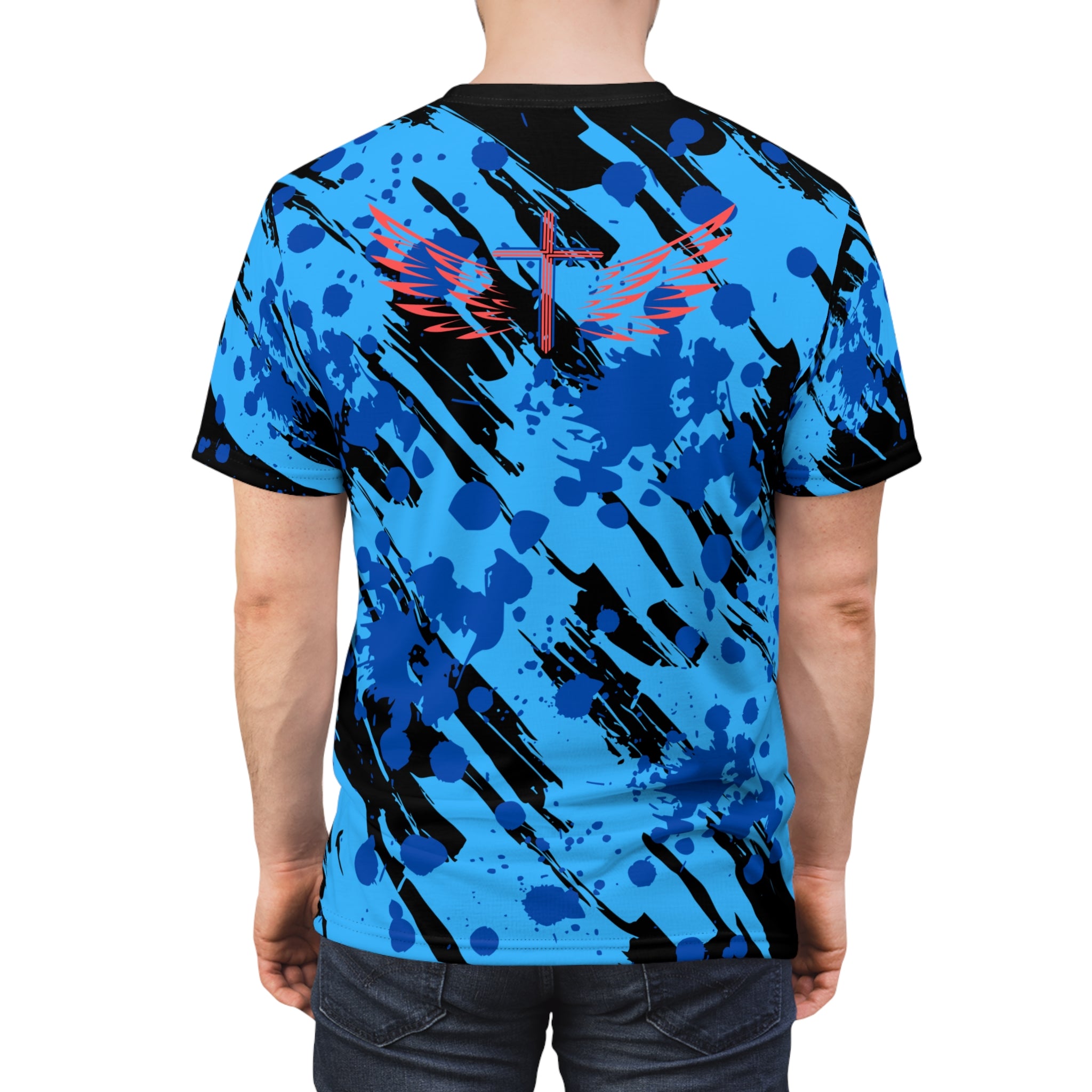 Jesus is My Vibe Splash Graphic Tee — Blue All-Over Print Christian Shirt