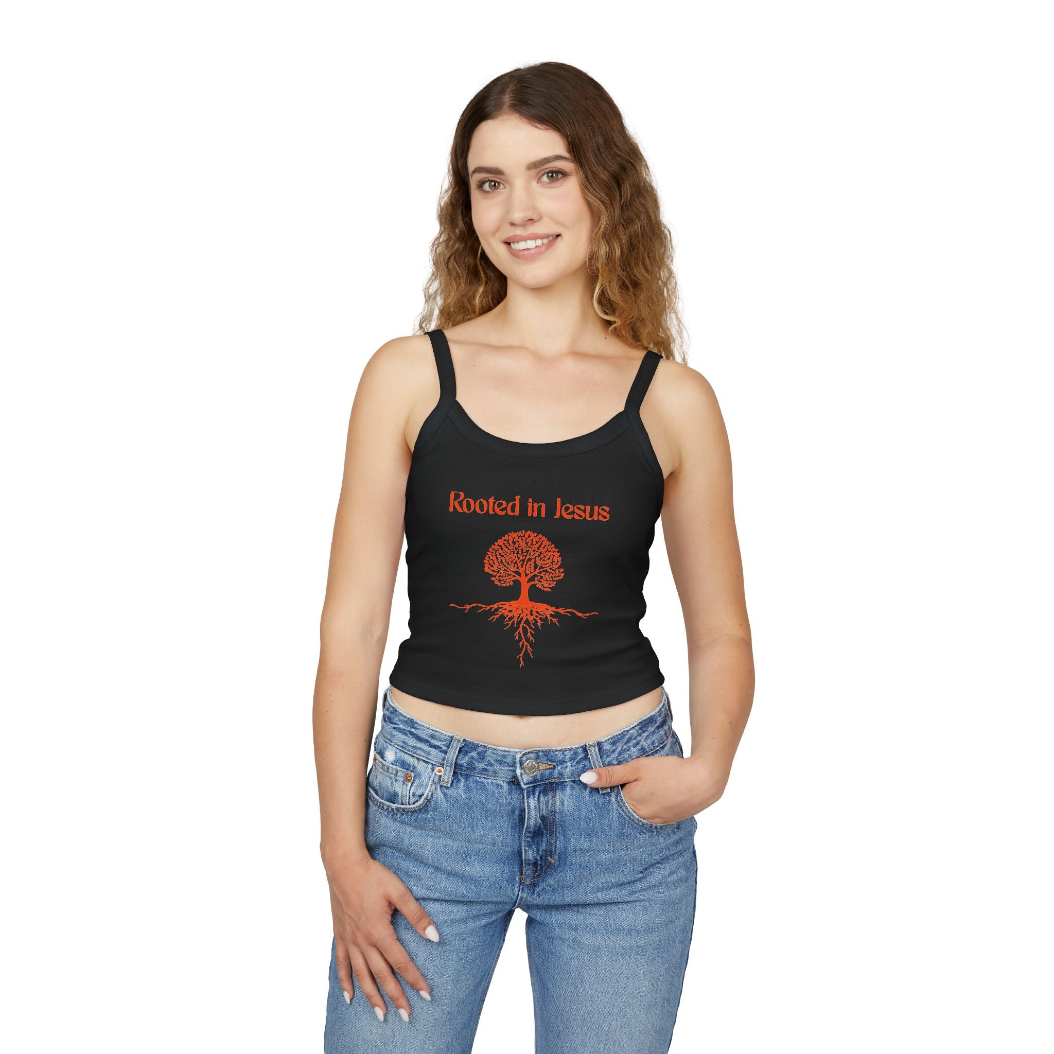 Rooted in Jesus Wide Spaghetti Strap Tank - Women's Faith Graphic Tank Top
